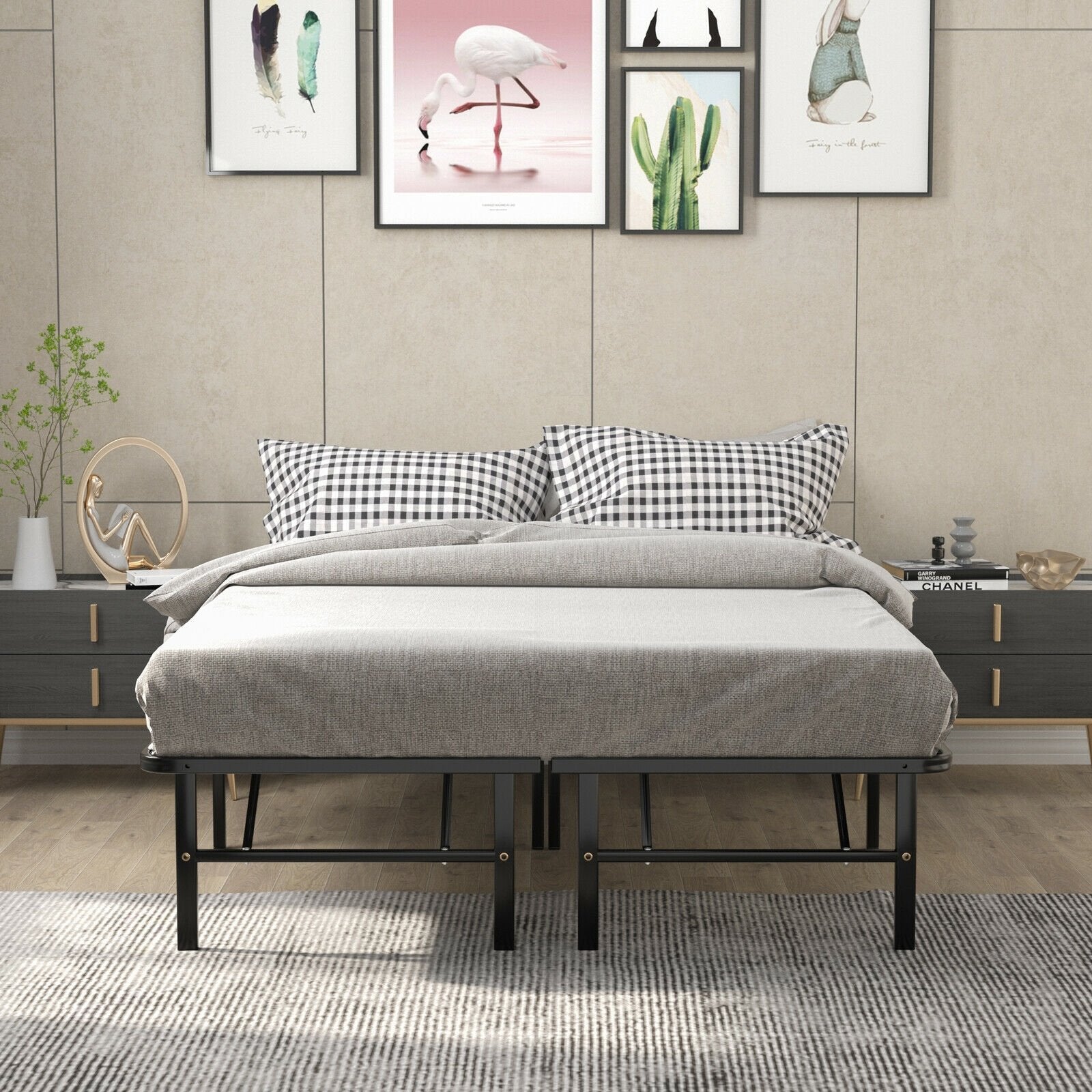 Twin/Full/Queen Size Foldable Metal Platform Bed with Tool-Free Assembly-Full Size, Black Simple Bed Frame   at Gallery Canada