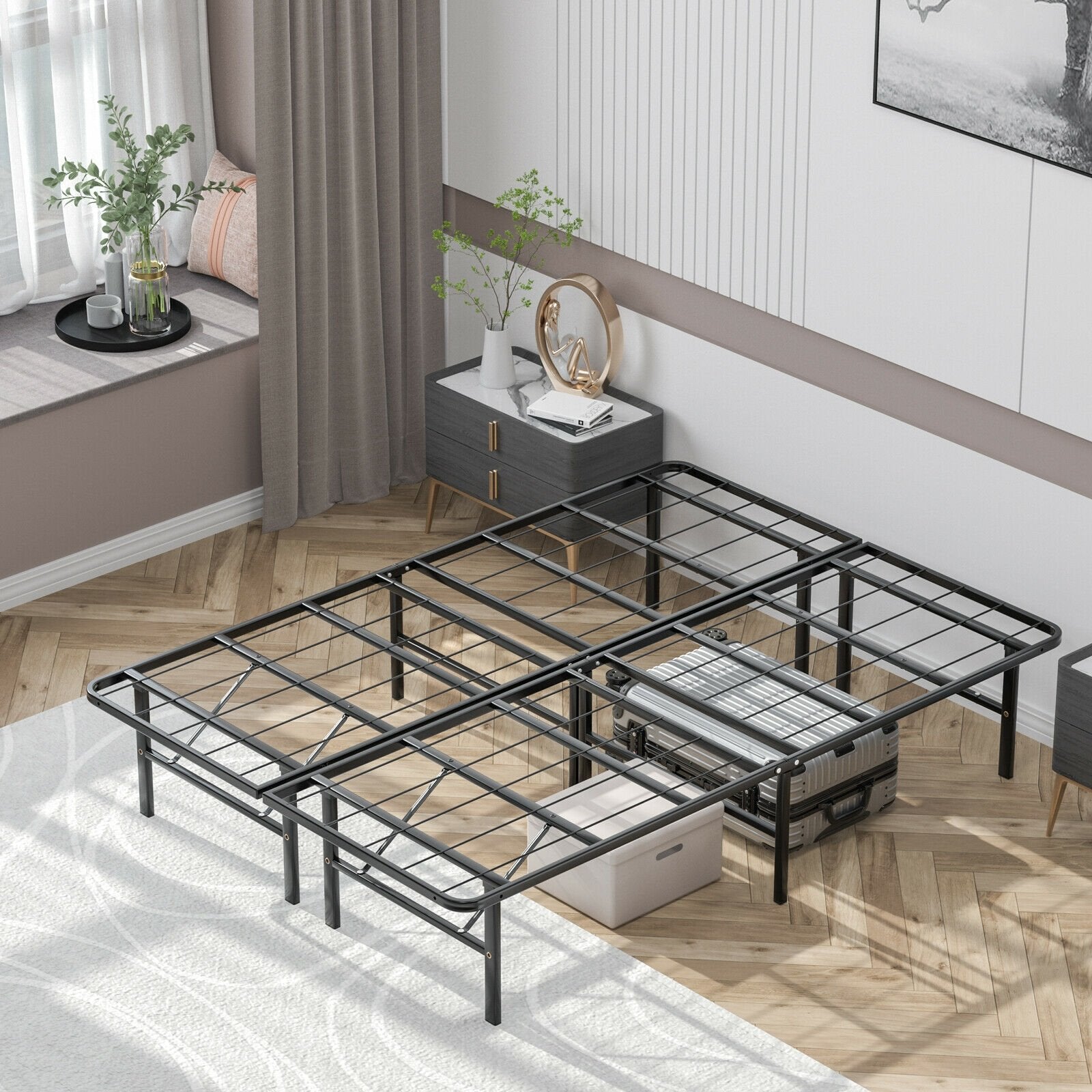 Twin/Full/Queen Size Foldable Metal Platform Bed with Tool-Free Assembly-Full Size, Black Simple Bed Frame   at Gallery Canada