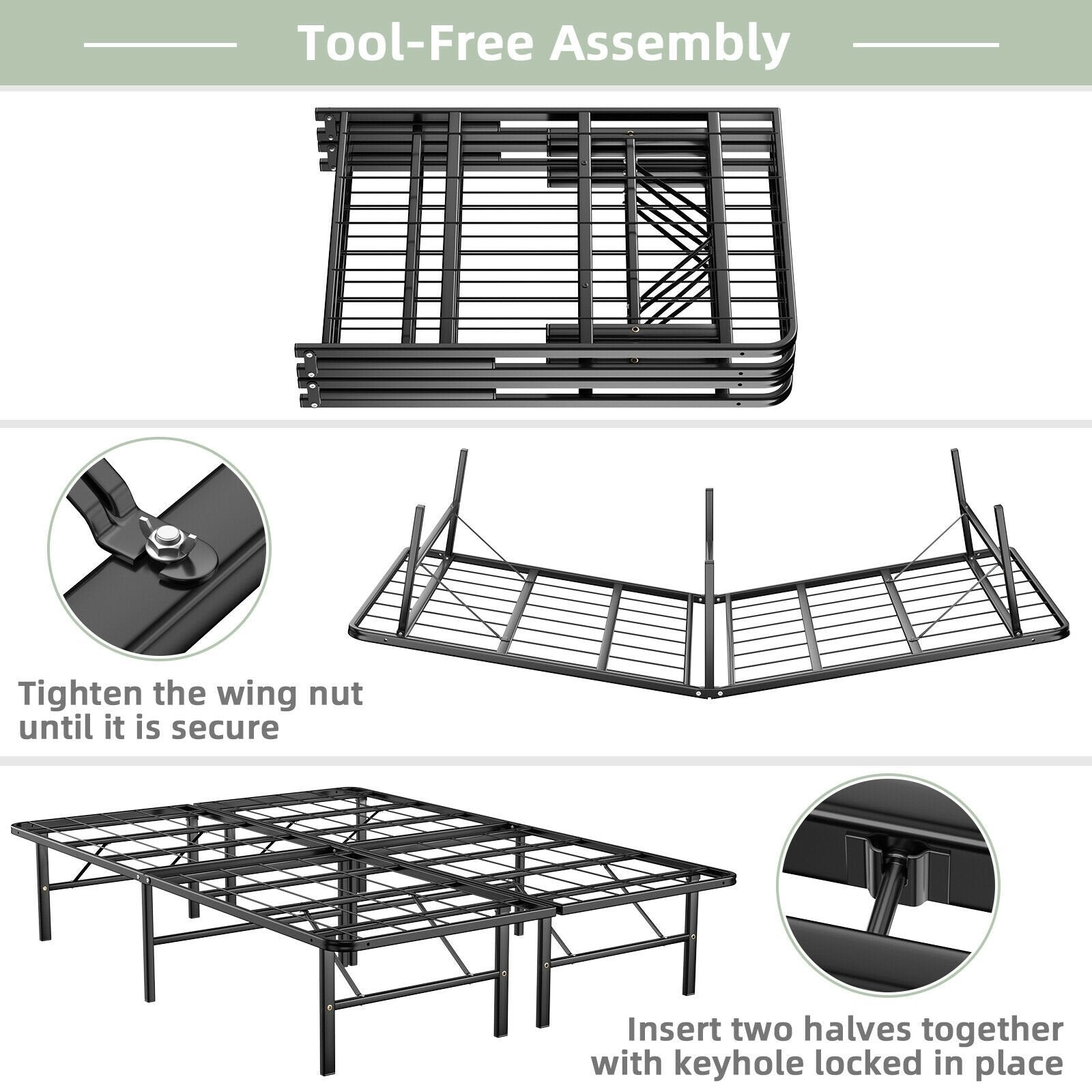 Twin/Full/Queen Size Foldable Metal Platform Bed with Tool-Free Assembly-Queen size, Black Simple Bed Frame   at Gallery Canada