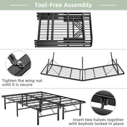 Twin/Full/Queen Size Foldable Metal Platform Bed with Tool-Free Assembly-Queen size, Black Simple Bed Frame   at Gallery Canada