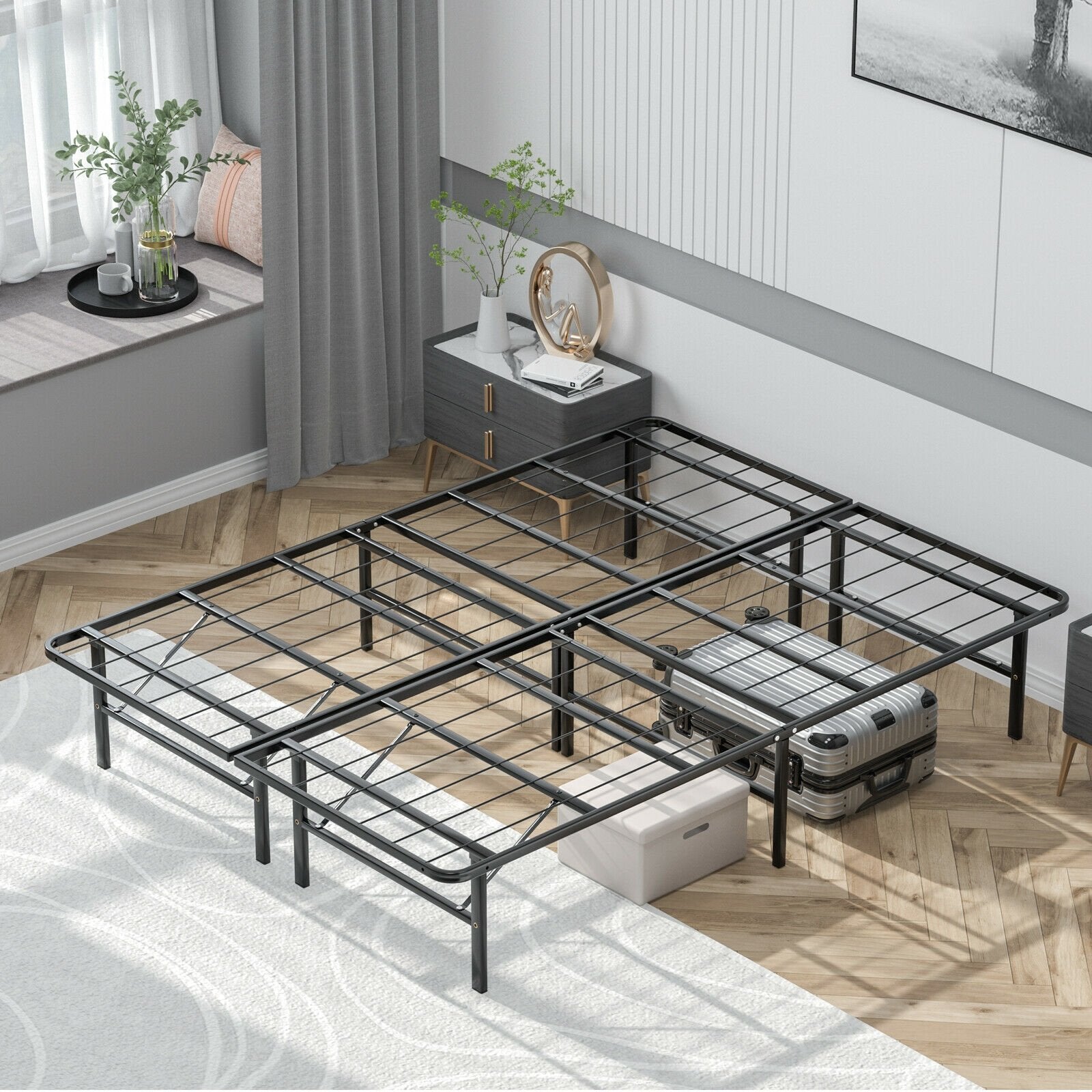 Twin/Full/Queen Size Foldable Metal Platform Bed with Tool-Free Assembly-Queen size, Black Simple Bed Frame   at Gallery Canada