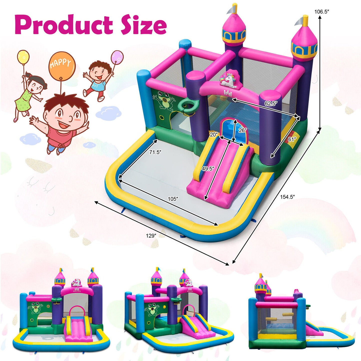 6-in-1 Kids Inflatable Unicorn-themed Bounce House with 735W Blower - Gallery Canada