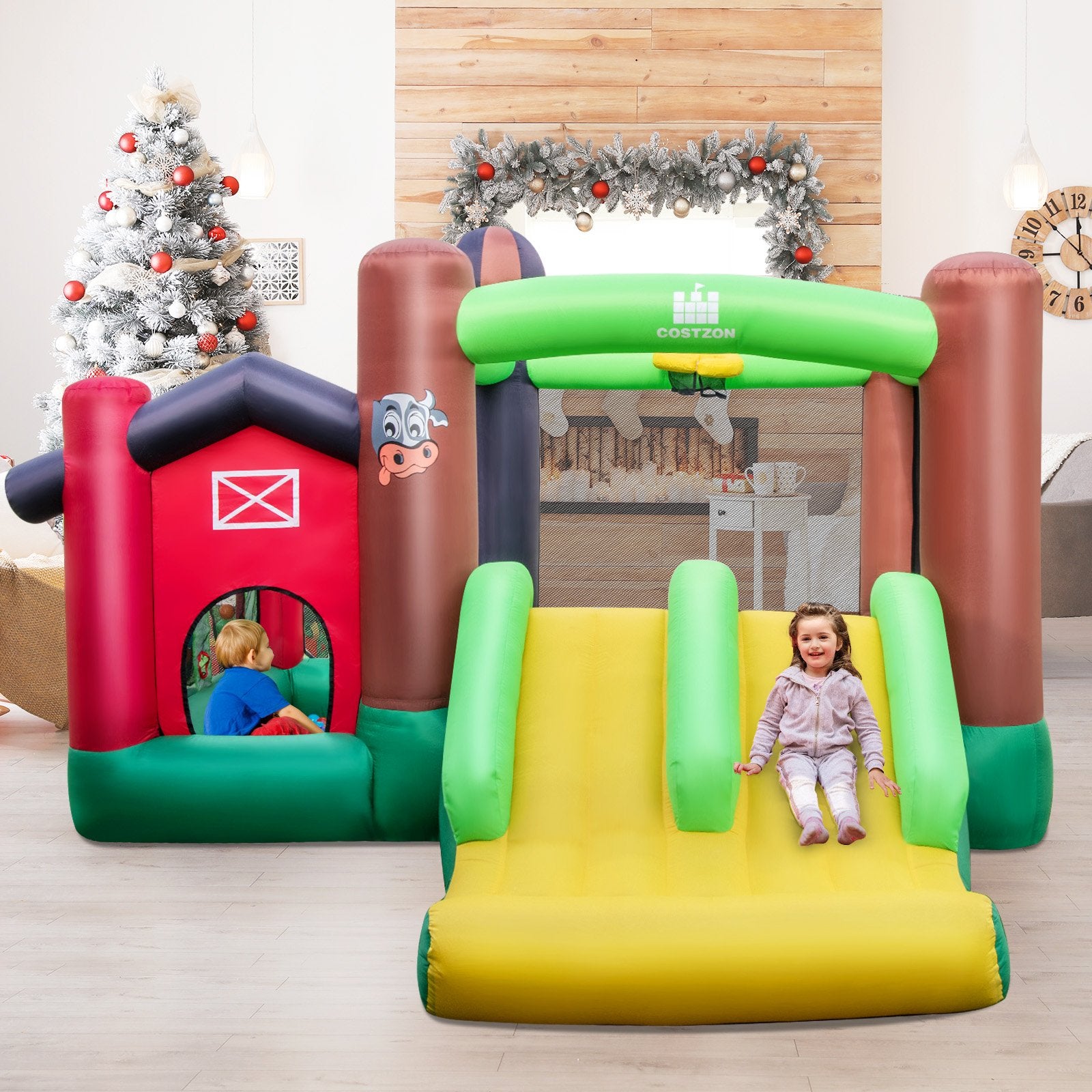 Farm Themed 6-in-1 Inflatable Castle with Trampoline and 735W Blower Bounce House   at Gallery Canada