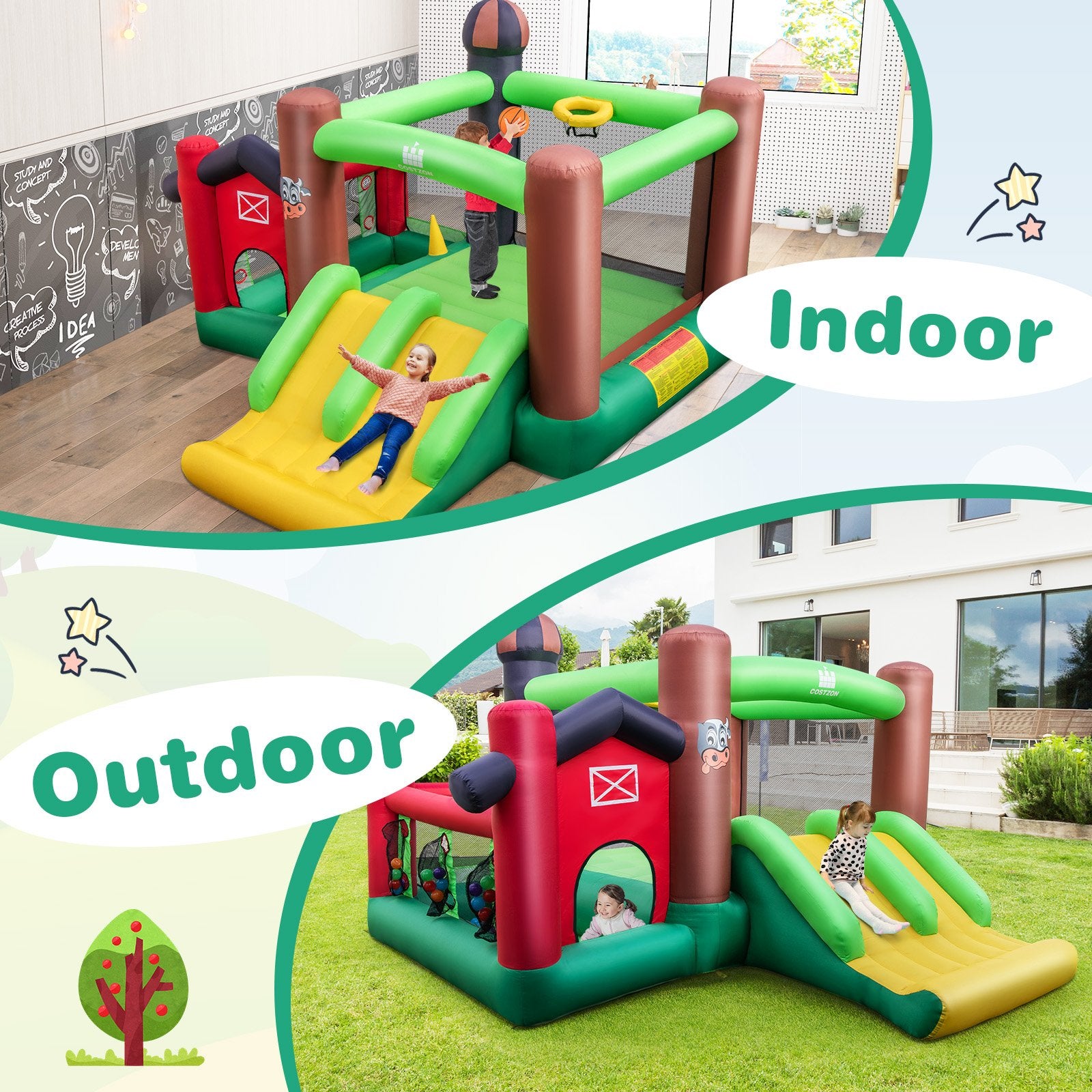 Farm Themed 6-in-1 Inflatable Castle with Trampoline and 735W Blower Bounce House   at Gallery Canada