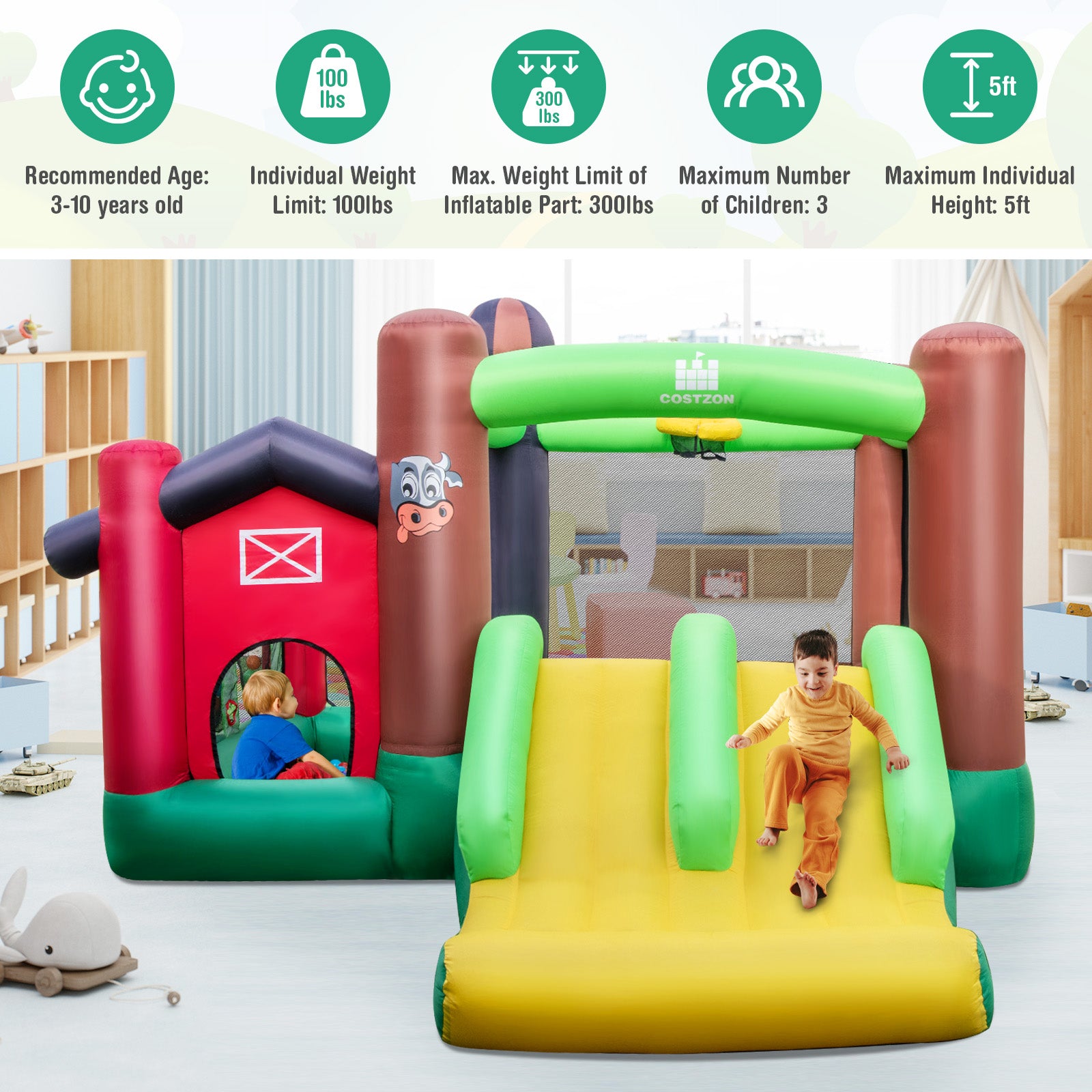 Farm Themed 6-in-1 Inflatable Castle with Trampoline and 735W Blower Bounce House at Gallery Canada