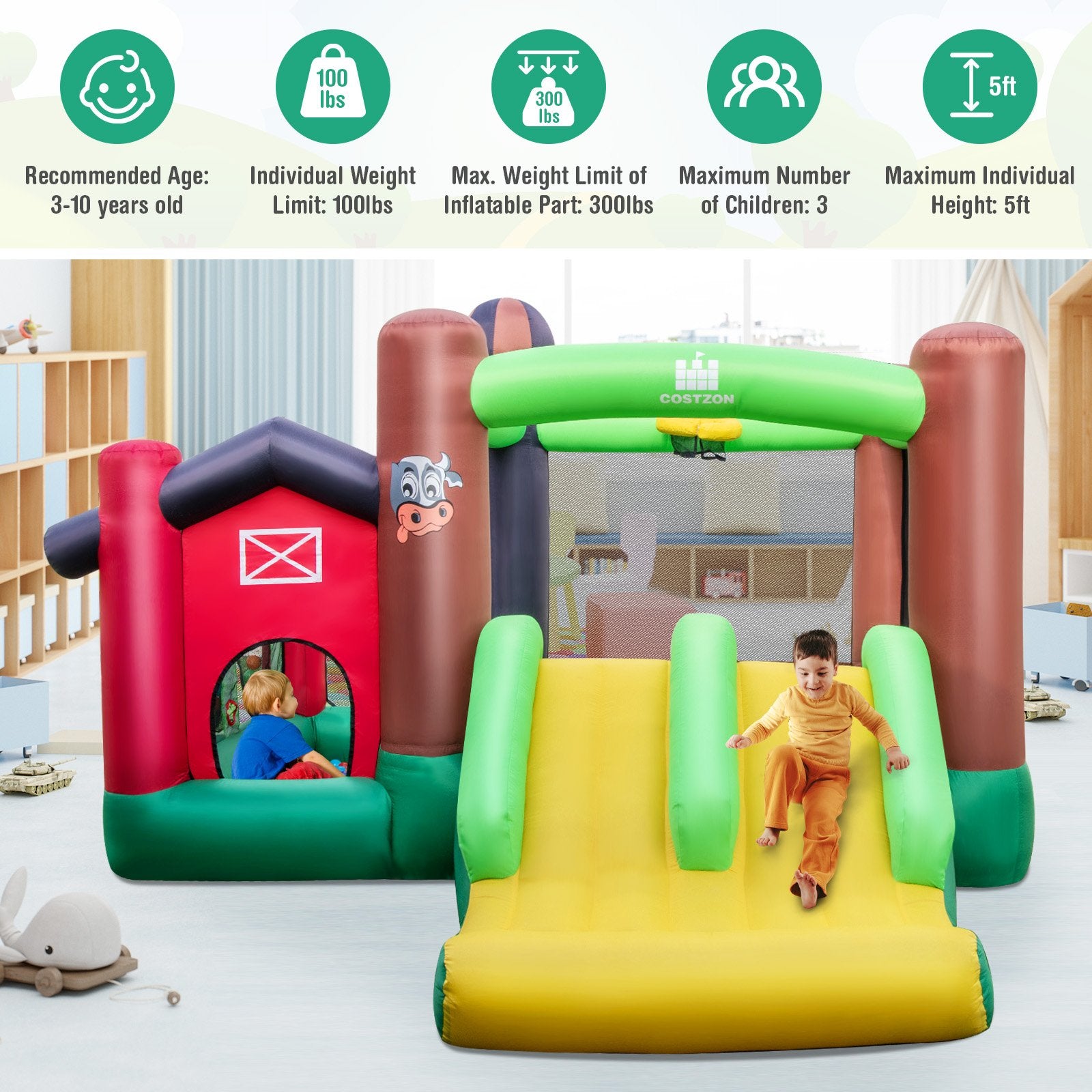 Farm Themed 6-in-1 Inflatable Castle with Trampoline and 735W Blower Bounce House   at Gallery Canada