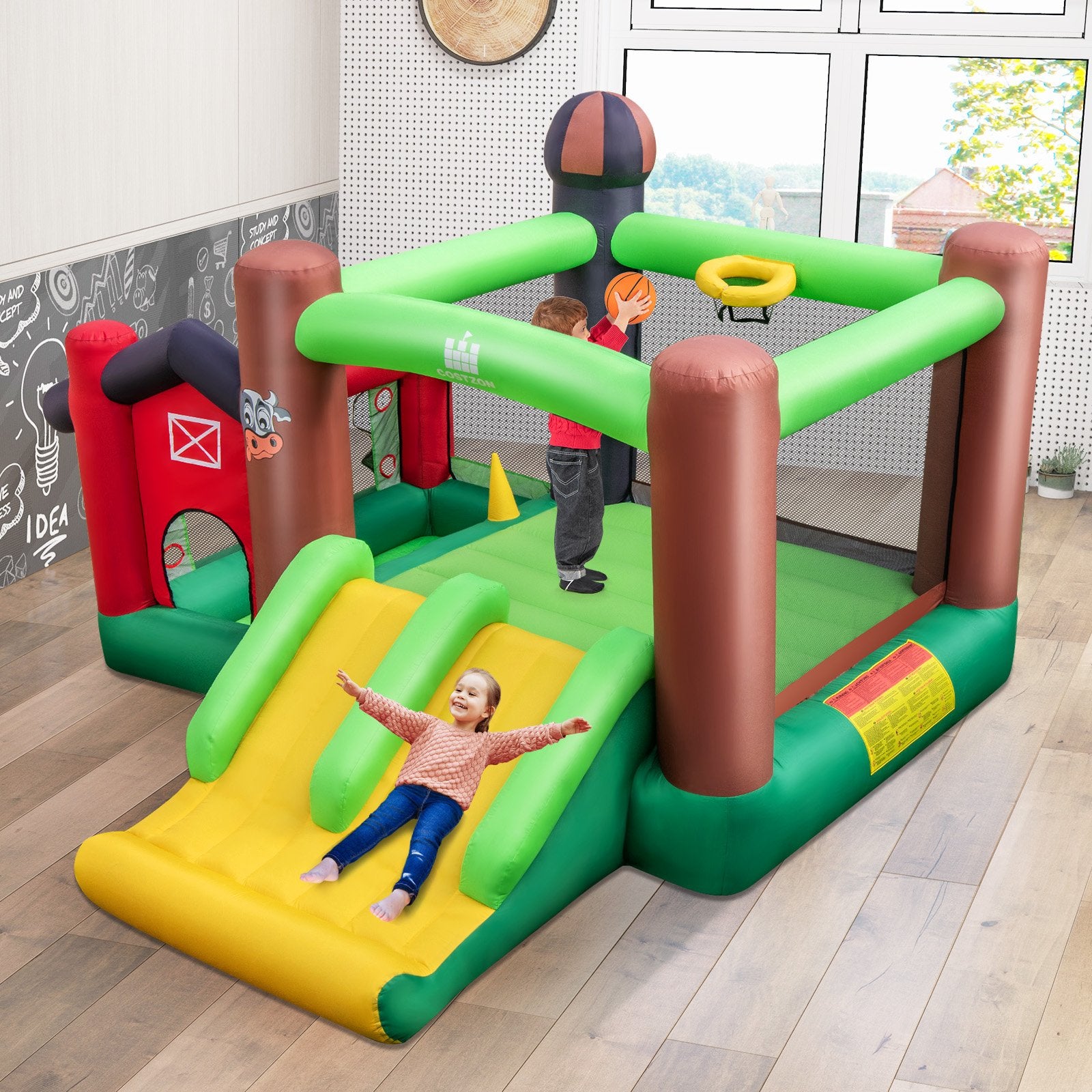 Farm Themed 6-in-1 Inflatable Castle with Trampoline and 735W Blower Bounce House   at Gallery Canada