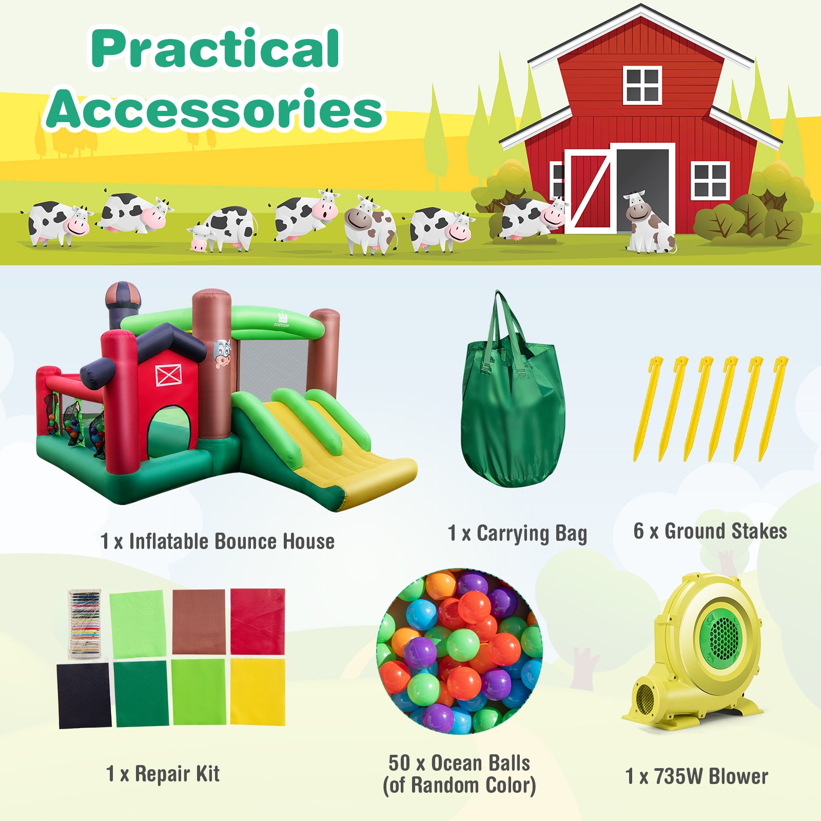 Farm Themed 6-in-1 Inflatable Castle with Trampoline and 735W Blower Bounce House at Gallery Canada