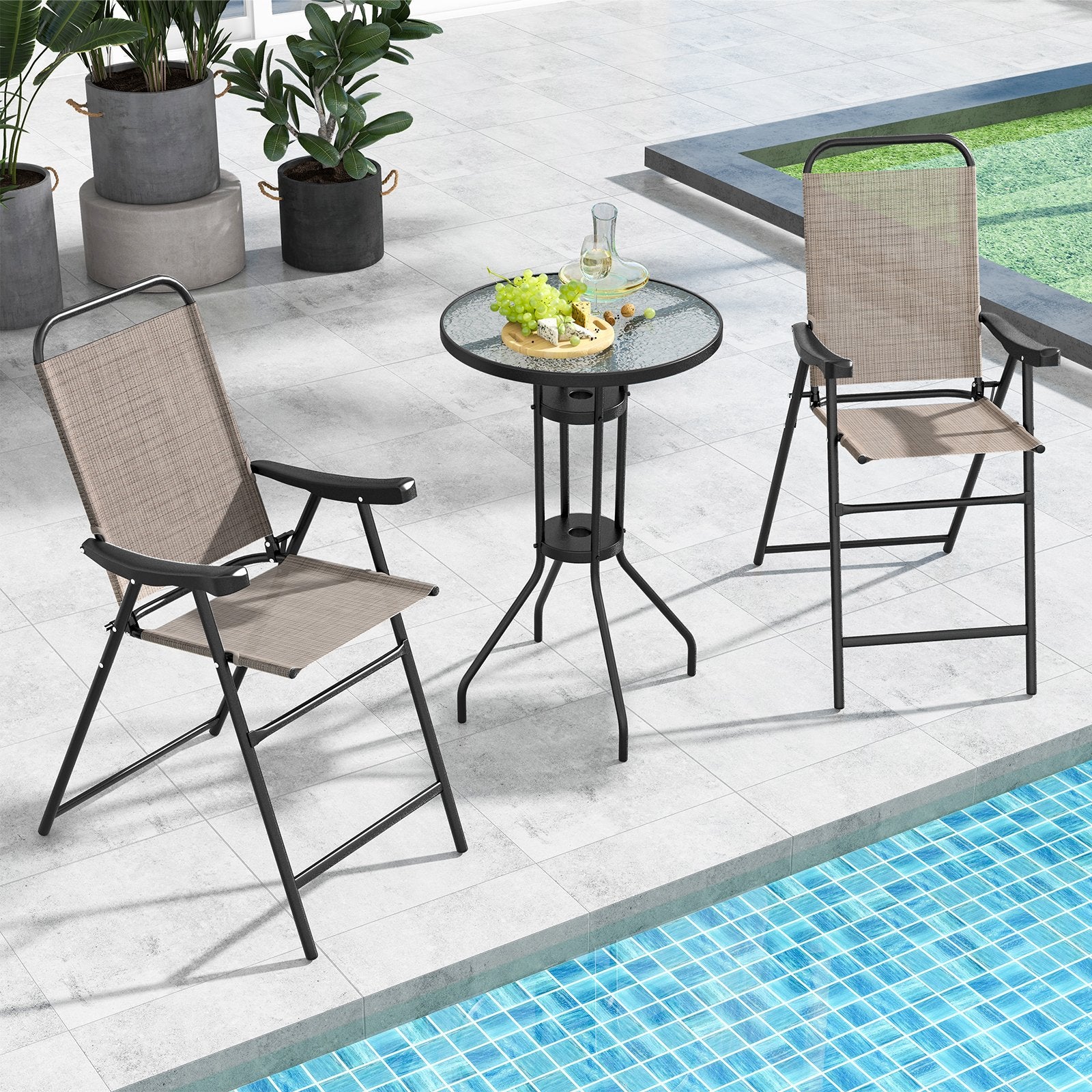 Patio Folding Bar Stool Set of 2 with Metal Frame and Footrest, Coffee Patio Bar Furniture   at Gallery Canada