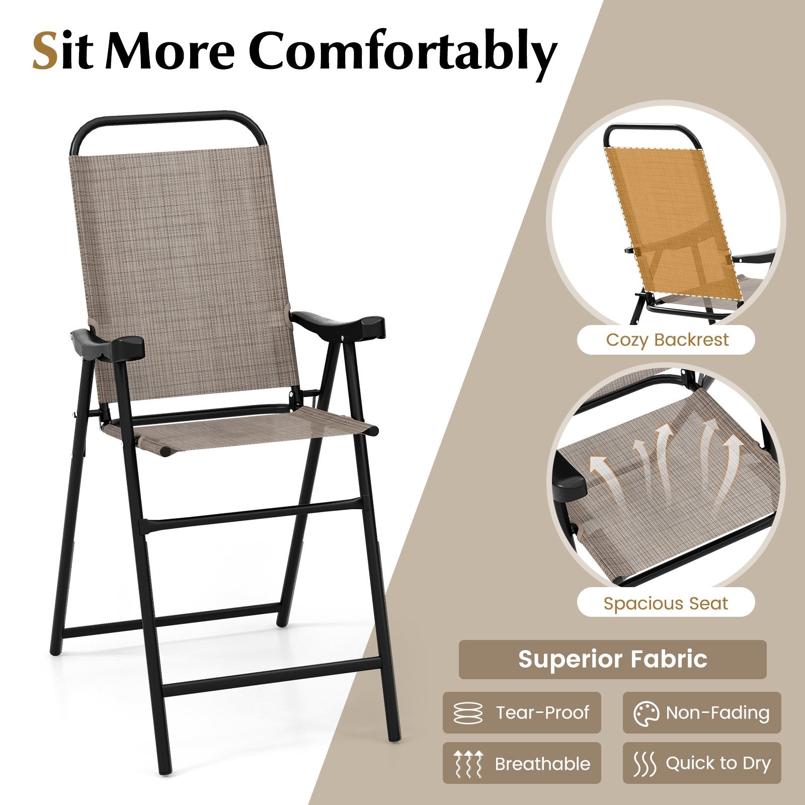 Patio Folding Bar Stool Set of 2 with Metal Frame and Footrest, Coffee Patio Bar Furniture   at Gallery Canada