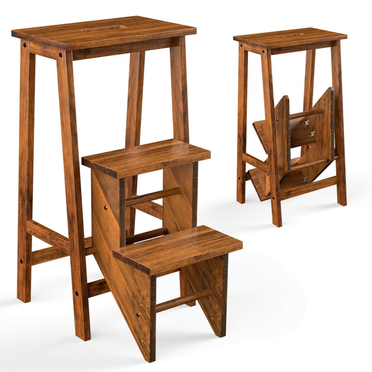 3-in-1 Rubber Wood 3 Tier Folding Step Stool Ladder Storage Shelf, Natural Kitchen Utensils   at Gallery Canada