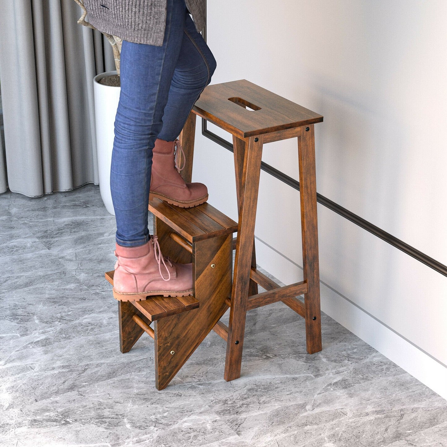 3-in-1 Rubber Wood 3 Tier Folding Step Stool Ladder Storage Shelf, Natural Kitchen Utensils   at Gallery Canada