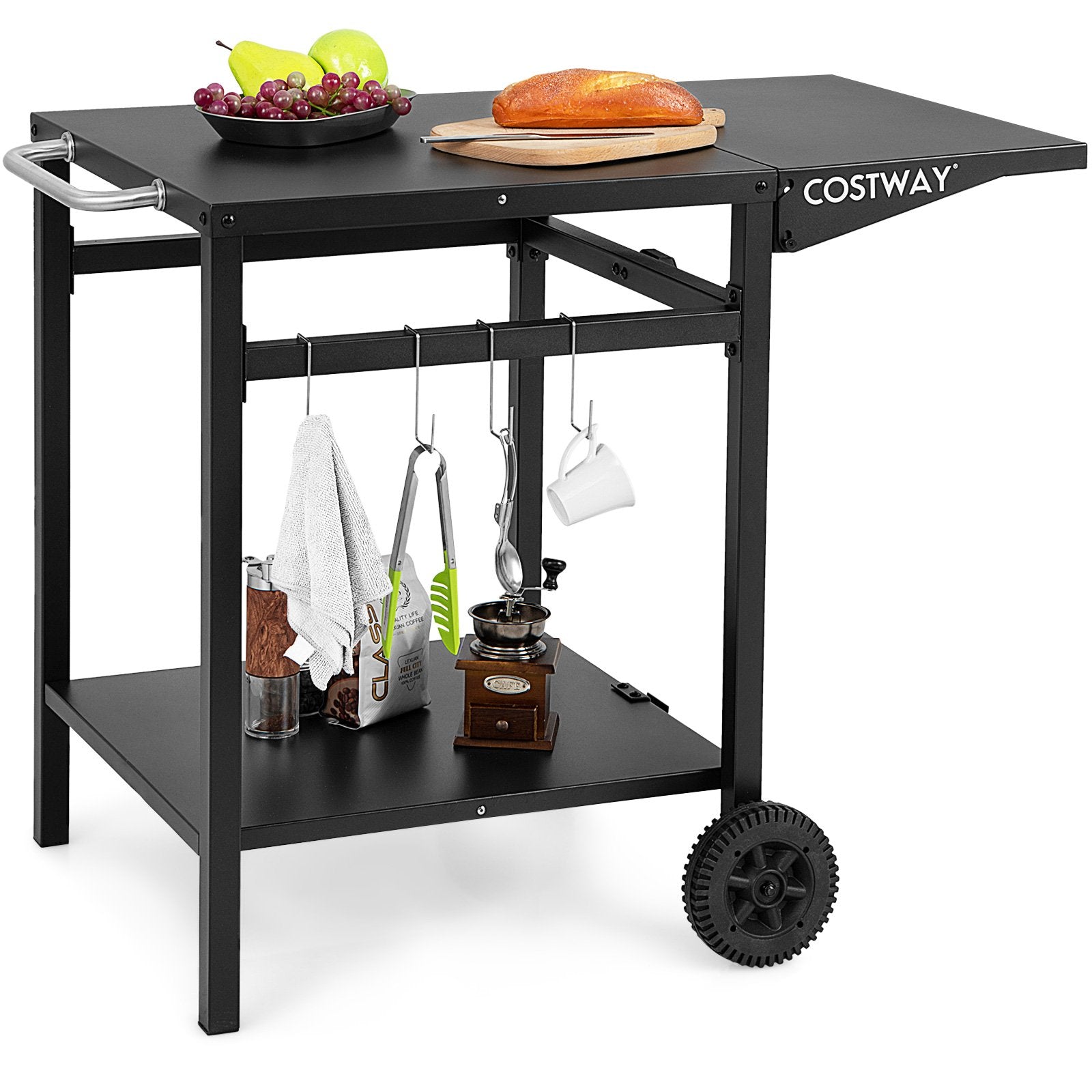 Movable Outdoor Grill Cart with Folding Tabletop and Hooks, Black - Gallery Canada