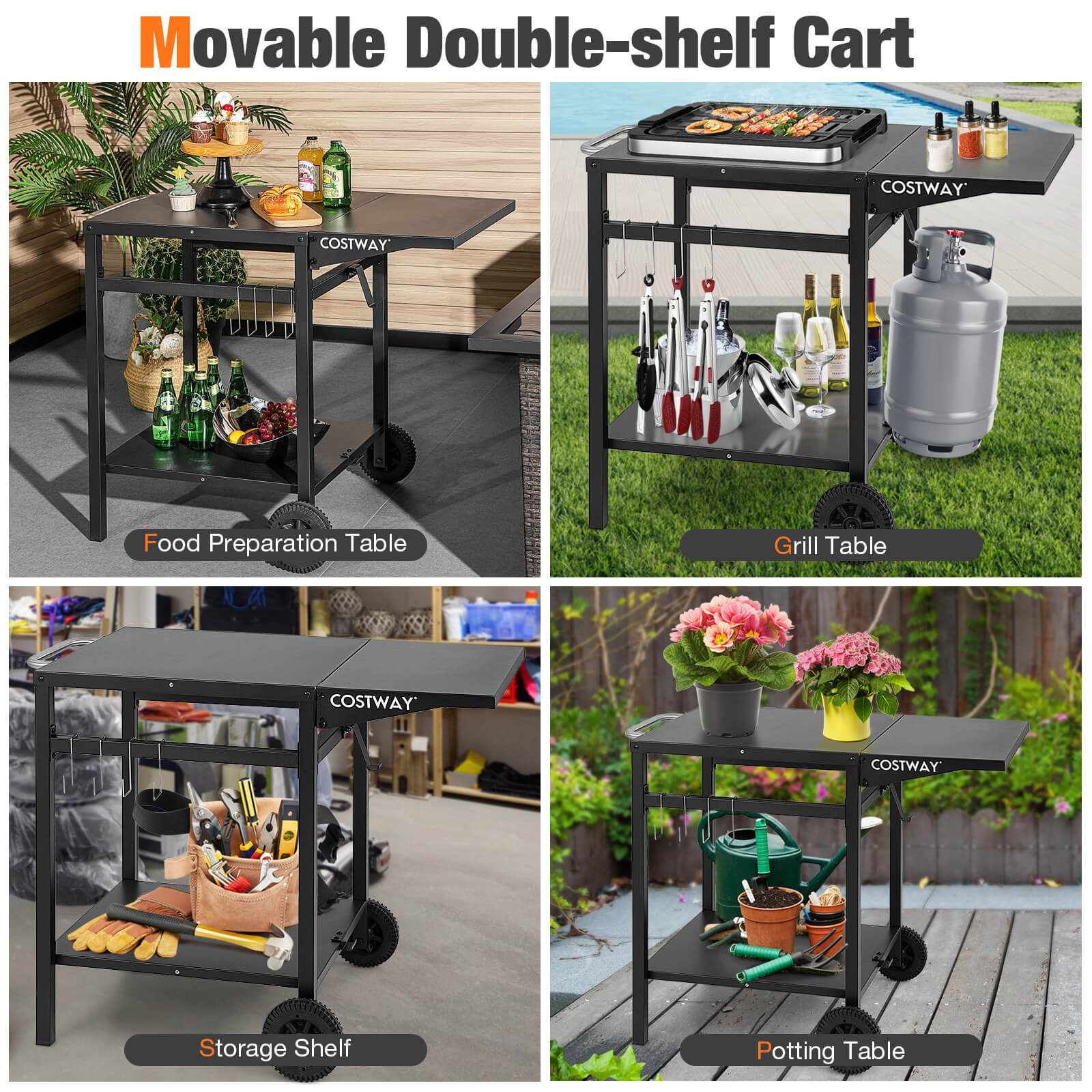 Movable Outdoor Grill Cart with Folding Tabletop and Hooks, Black Outdoor Grills at Gallery Canada