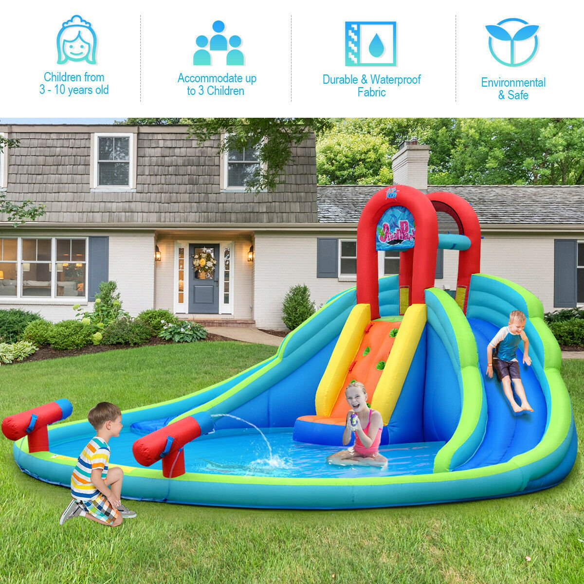 Inflatable Water Slide Bounce House with Mighty Splash Pool, Blue - Gallery Canada