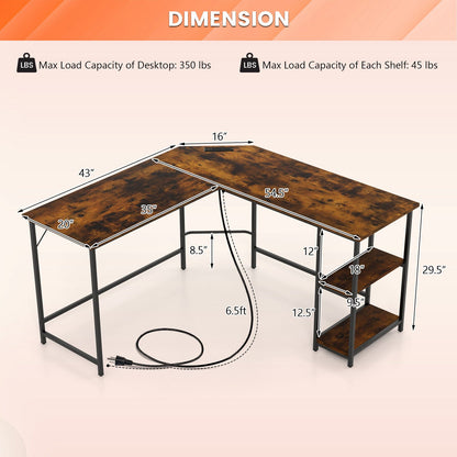 L Shaped Computer Desk with 2 Outlets and 2 USB Ports, Brown L-Shaped Desks   at Gallery Canada