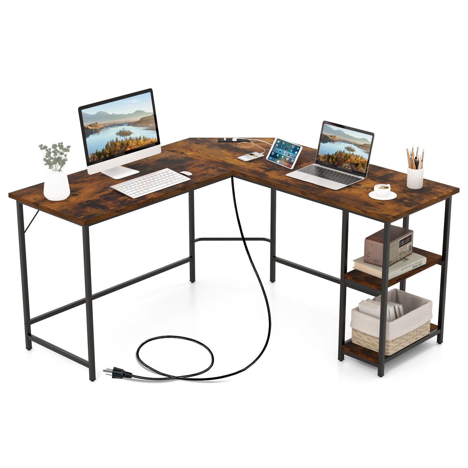 L Shaped Computer Desk with 2 Outlets and 2 USB Ports, Brown L-Shaped Desks   at Gallery Canada