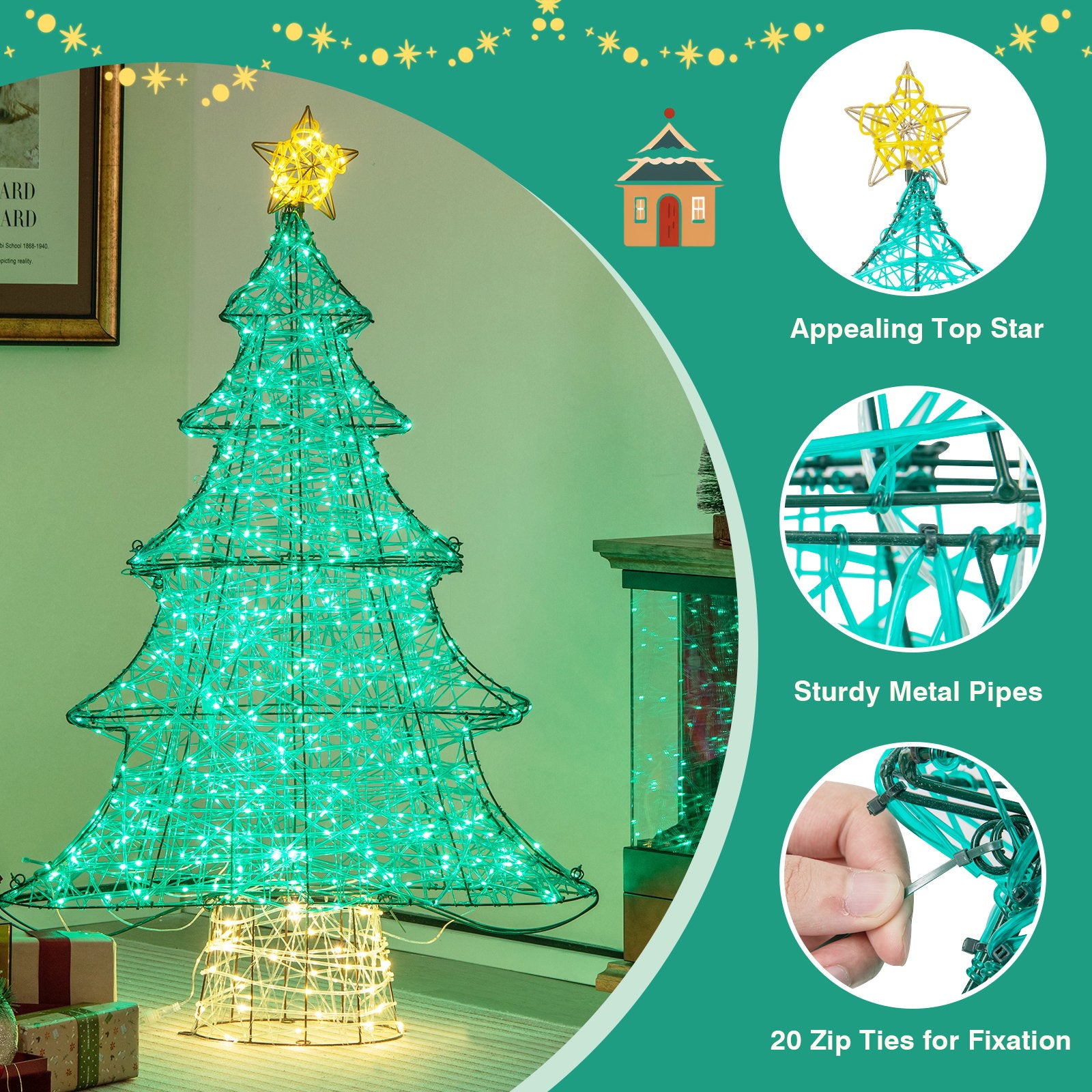 4 Feet Lighted Artificial Christmas Tree with 520 LED Lights and Top Star, Green Christmas Tree   at Gallery Canada