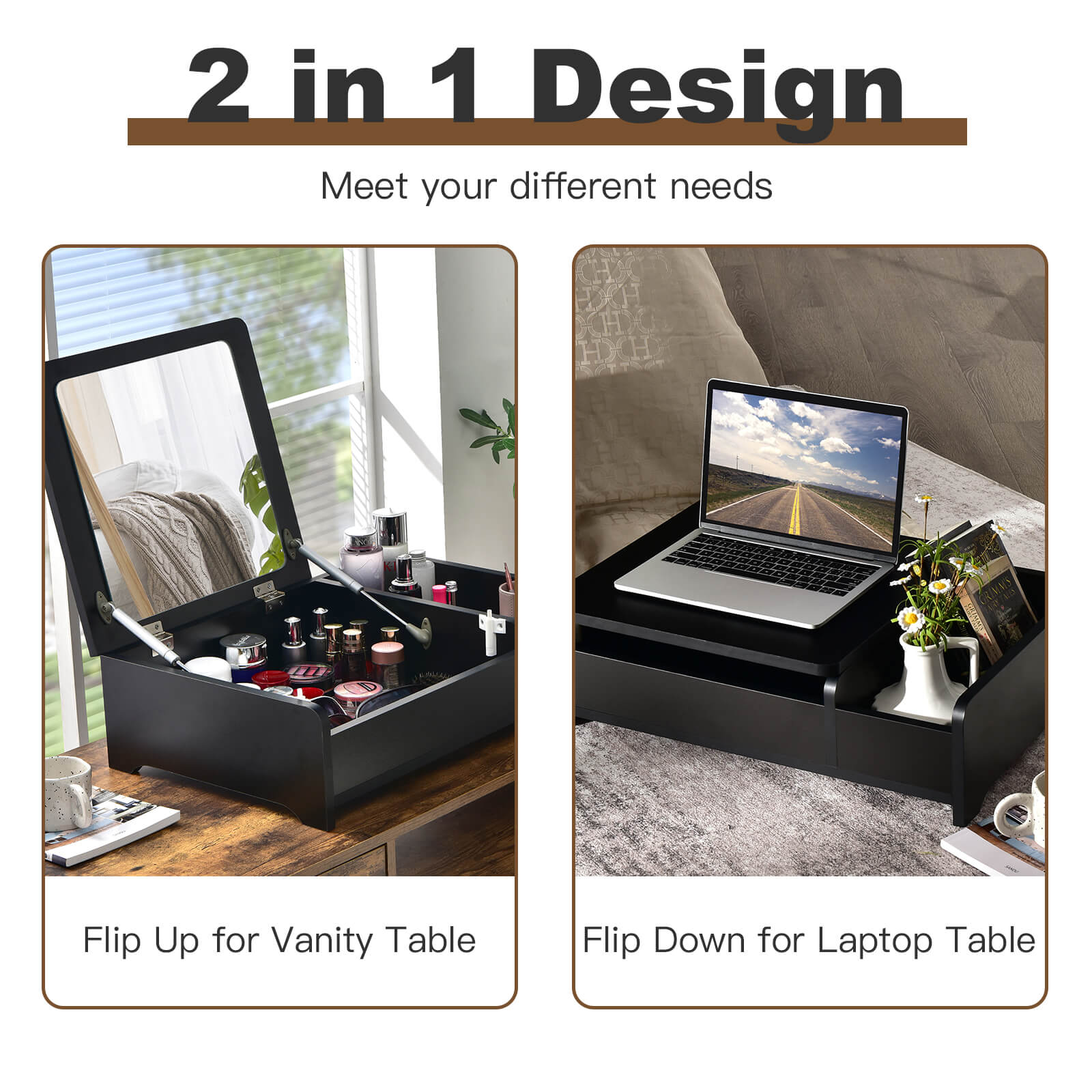 Compact Bay Window Makeup Dressing Table with Flip-Top Mirror, Black Makeup Vanities   at Gallery Canada