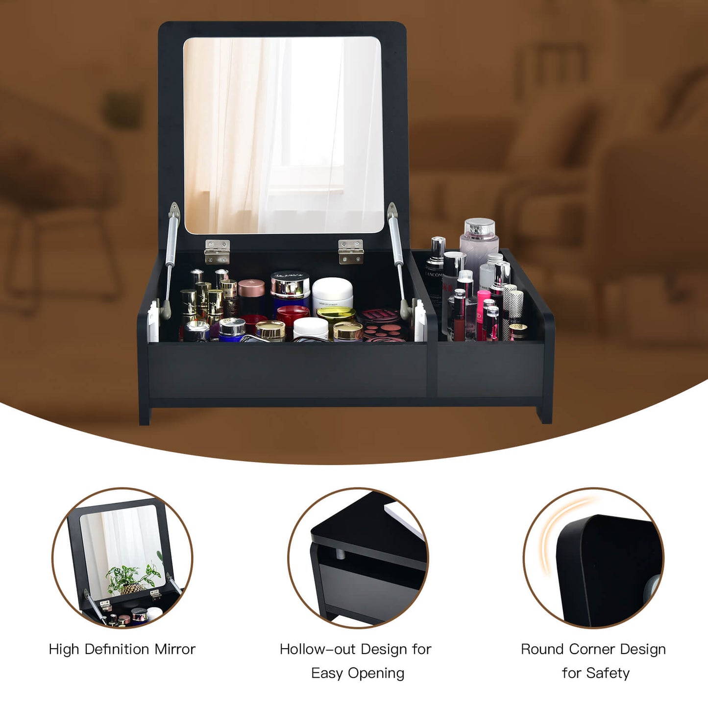 Compact Bay Window Makeup Dressing Table with Flip-Top Mirror, Black Makeup Vanities   at Gallery Canada