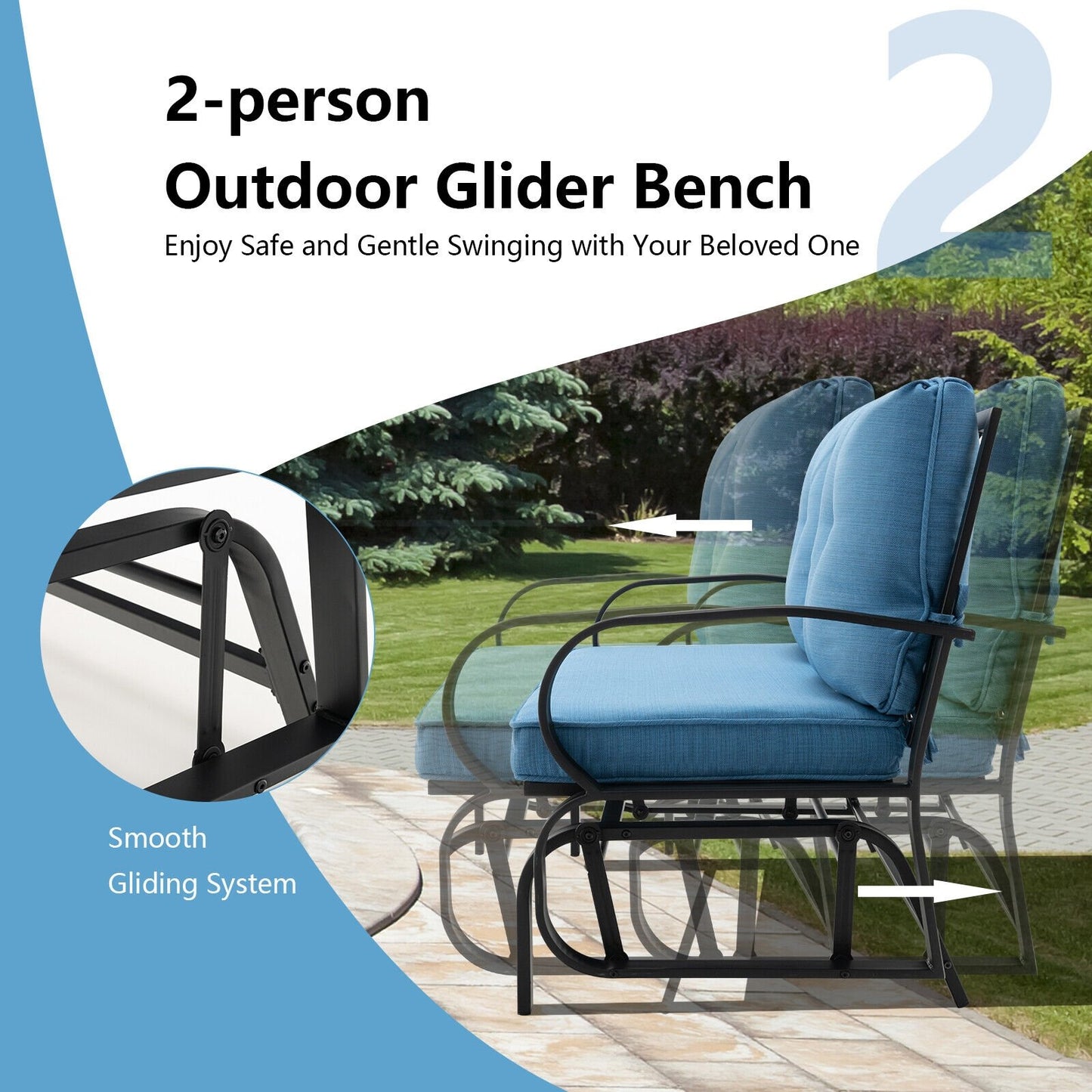 Patio 2-Person Glider Bench Rocking Loveseat Cushioned Armrest, Blue - Gallery Canada