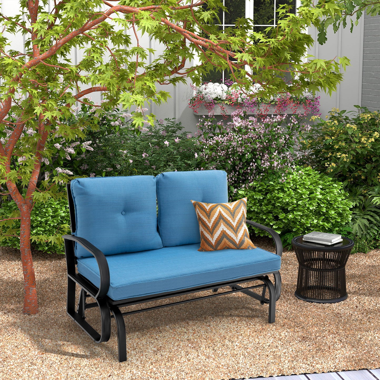 Patio 2-Person Glider Bench Rocking Loveseat Cushioned Armrest, Blue - Gallery Canada