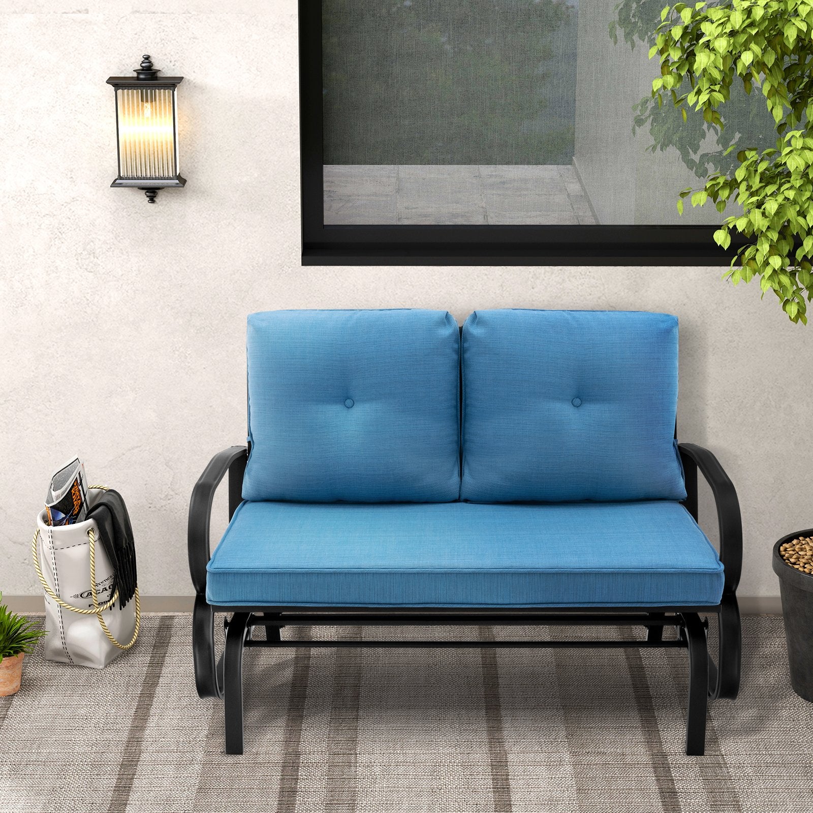 Patio 2-Person Glider Bench Rocking Loveseat Cushioned Armrest, Blue - Gallery Canada