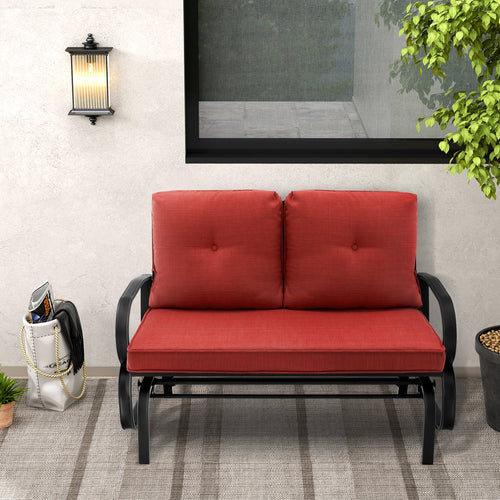 Patio 2-Person Glider Bench Rocking Loveseat Cushioned Armrest, Red