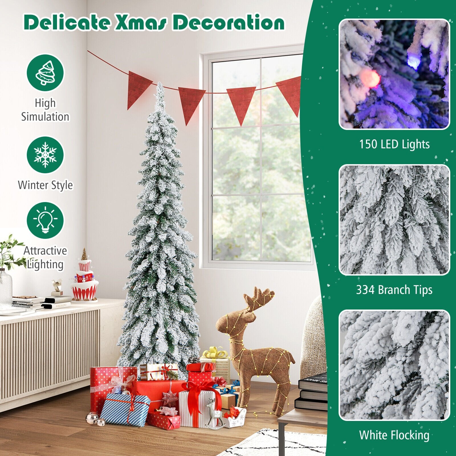 4/5/6 Feet Pre-Lit Artificial Christmas Tree Snow-Flocked Slim Pencil Xmas Decor-5 ft, White Christmas Tree   at Gallery Canada