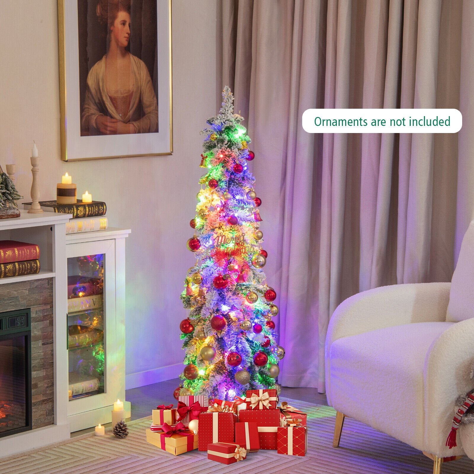 4 Feet Pre-Lit Artificial Christmas Tree Snow-Flocked Slim Pencil Xmas Decor, White Christmas Tree   at Gallery Canada