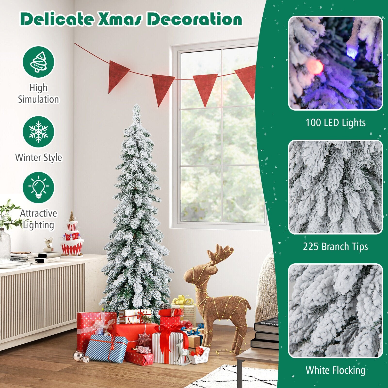 4 Feet Pre-Lit Artificial Christmas Tree Snow-Flocked Slim Pencil Xmas Decor, White Christmas Tree   at Gallery Canada