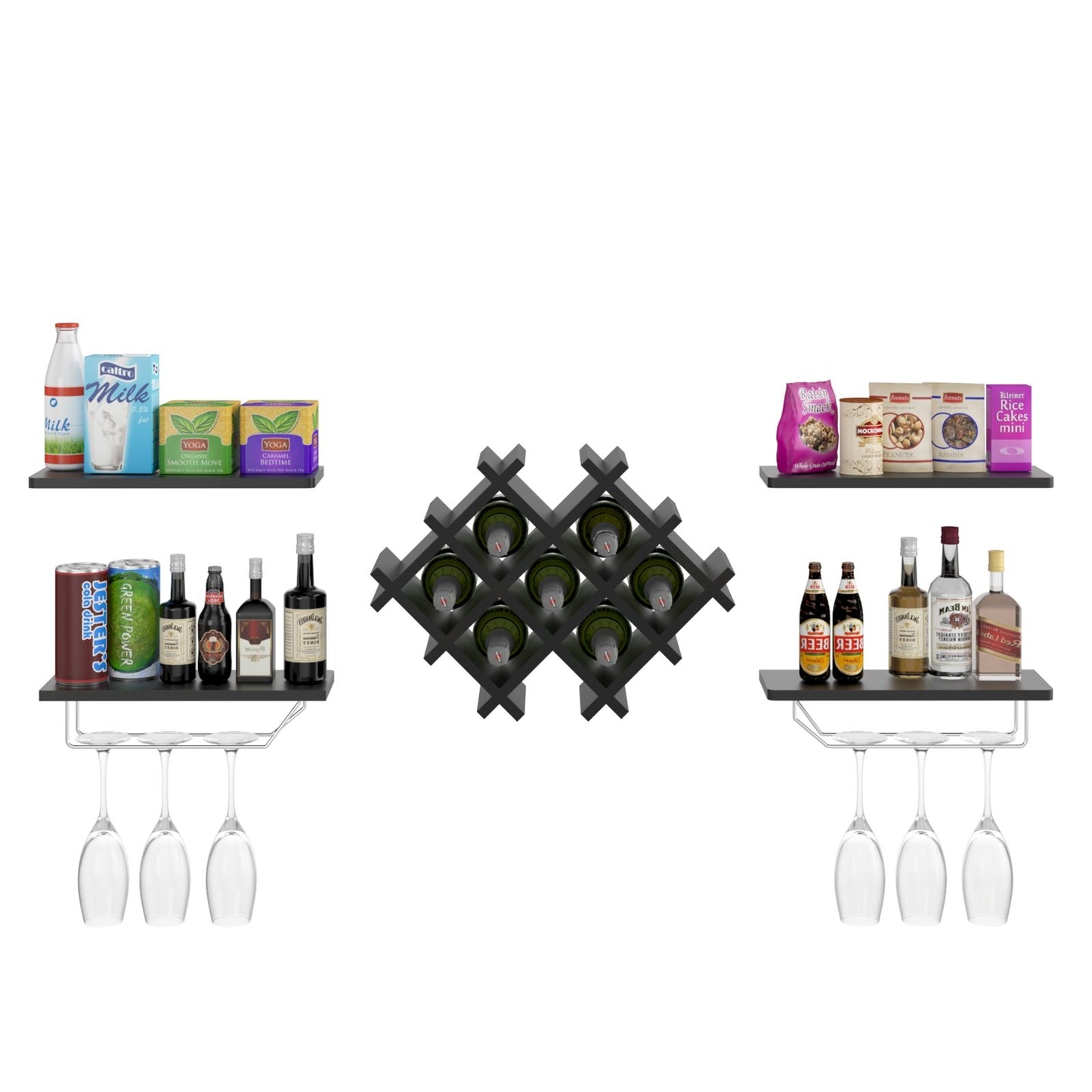 Set of 5 Wall Mount Wine Rack Set w/ Storage Shelves, Black Wine Racks   at Gallery Canada