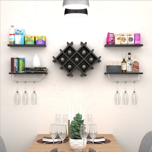 Set of 5 Wall Mount Wine Rack Set w/ Storage Shelves, Black Wine Racks   at Gallery Canada