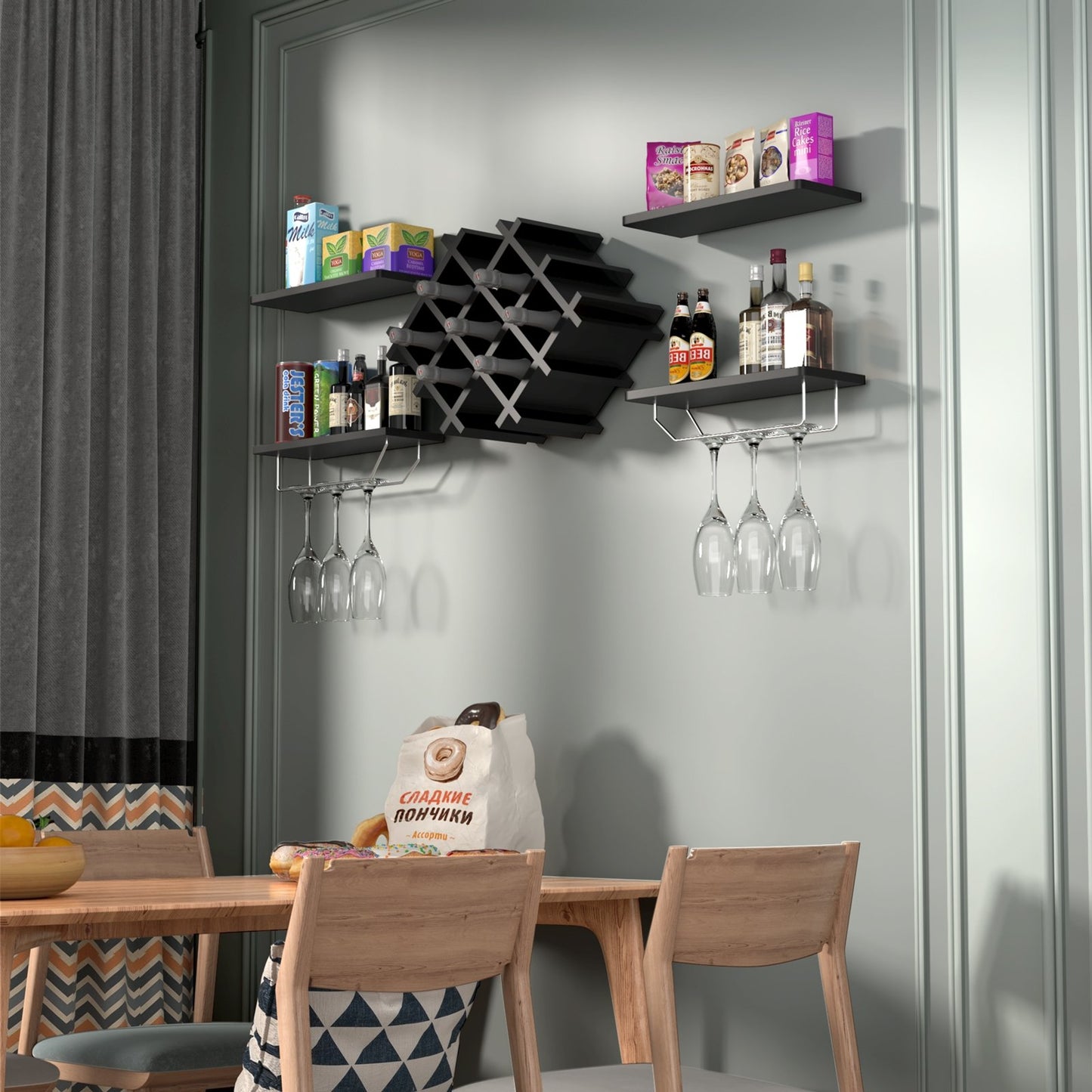 Set of 5 Wall Mount Wine Rack Set w/ Storage Shelves, Black Wine Racks   at Gallery Canada