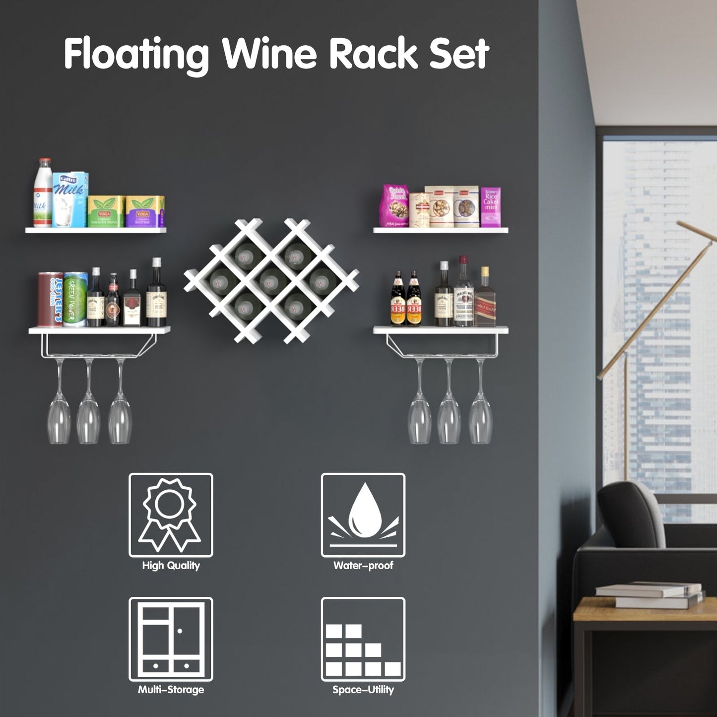 Set of 5 Wall Mount Wine Rack Set w/ Storage Shelves, White Wine Racks   at Gallery Canada