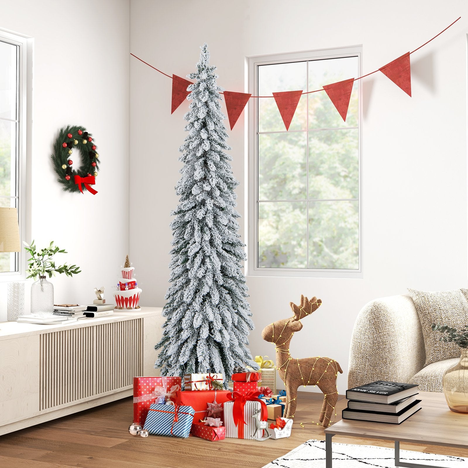 4/5/6 Feet Pre-Lit Artificial Christmas Tree Snow-Flocked Slim Pencil Xmas Decor-6 ft, White Christmas Tree   at Gallery Canada