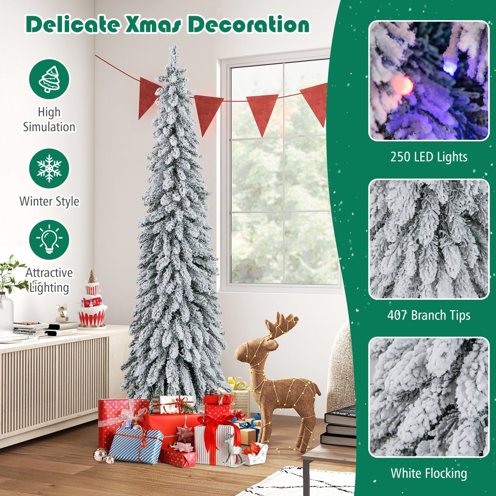 4/5/6 Feet Pre-Lit Artificial Christmas Tree Snow-Flocked Slim Pencil Xmas Decor-6 ft, White Christmas Tree   at Gallery Canada