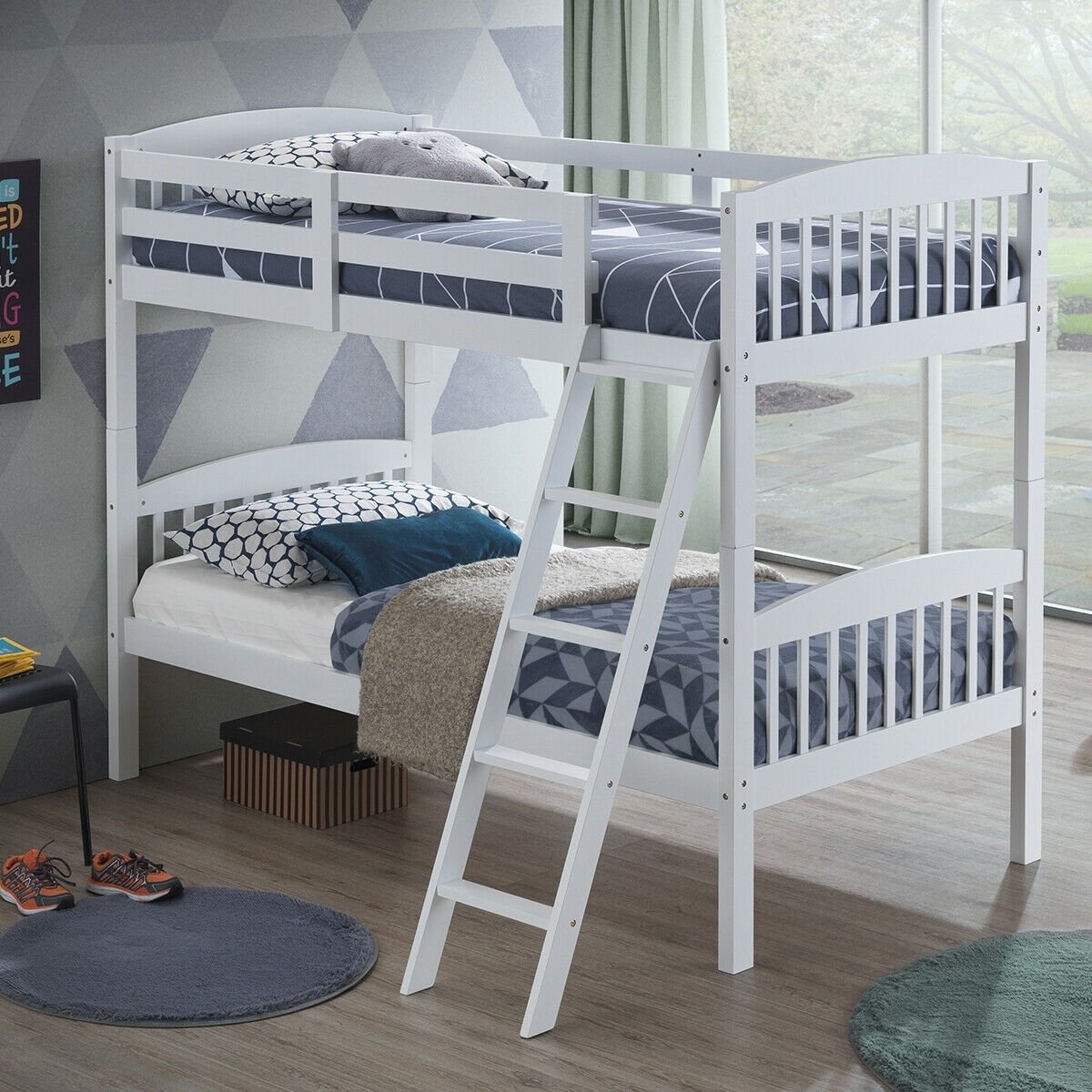 Hardwood Twin Bunk Beds with Individual Kid Bed Ladder, White Bunk Bed Frame   at Gallery Canada