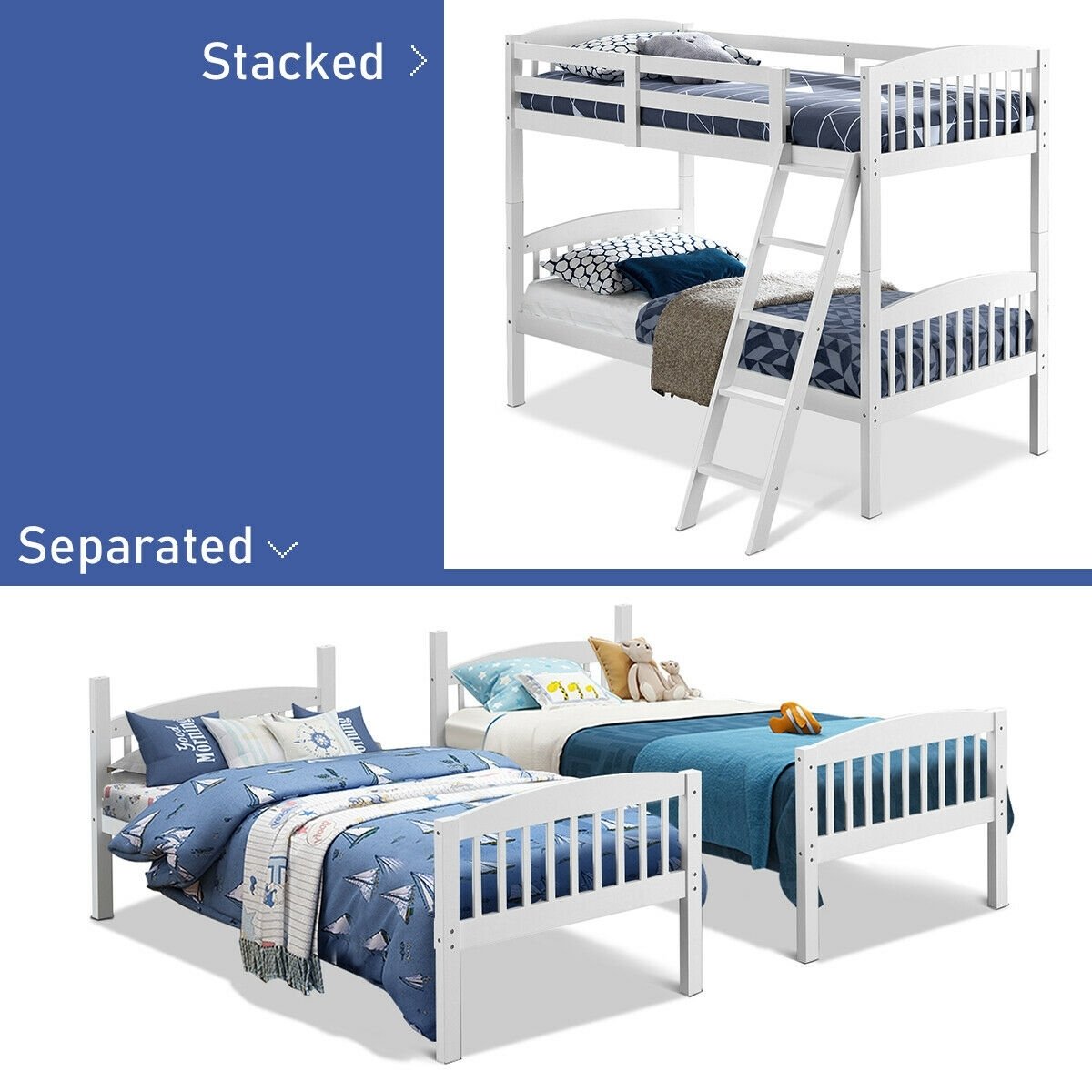 Hardwood Twin Bunk Beds with Individual Kid Bed Ladder, White - Gallery Canada