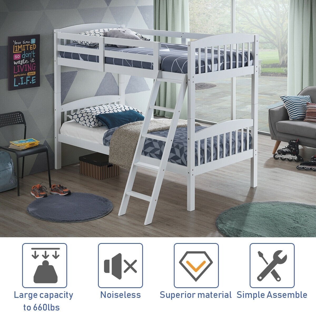 Hardwood Twin Bunk Beds with Individual Kid Bed Ladder, White Bunk Bed Frame   at Gallery Canada