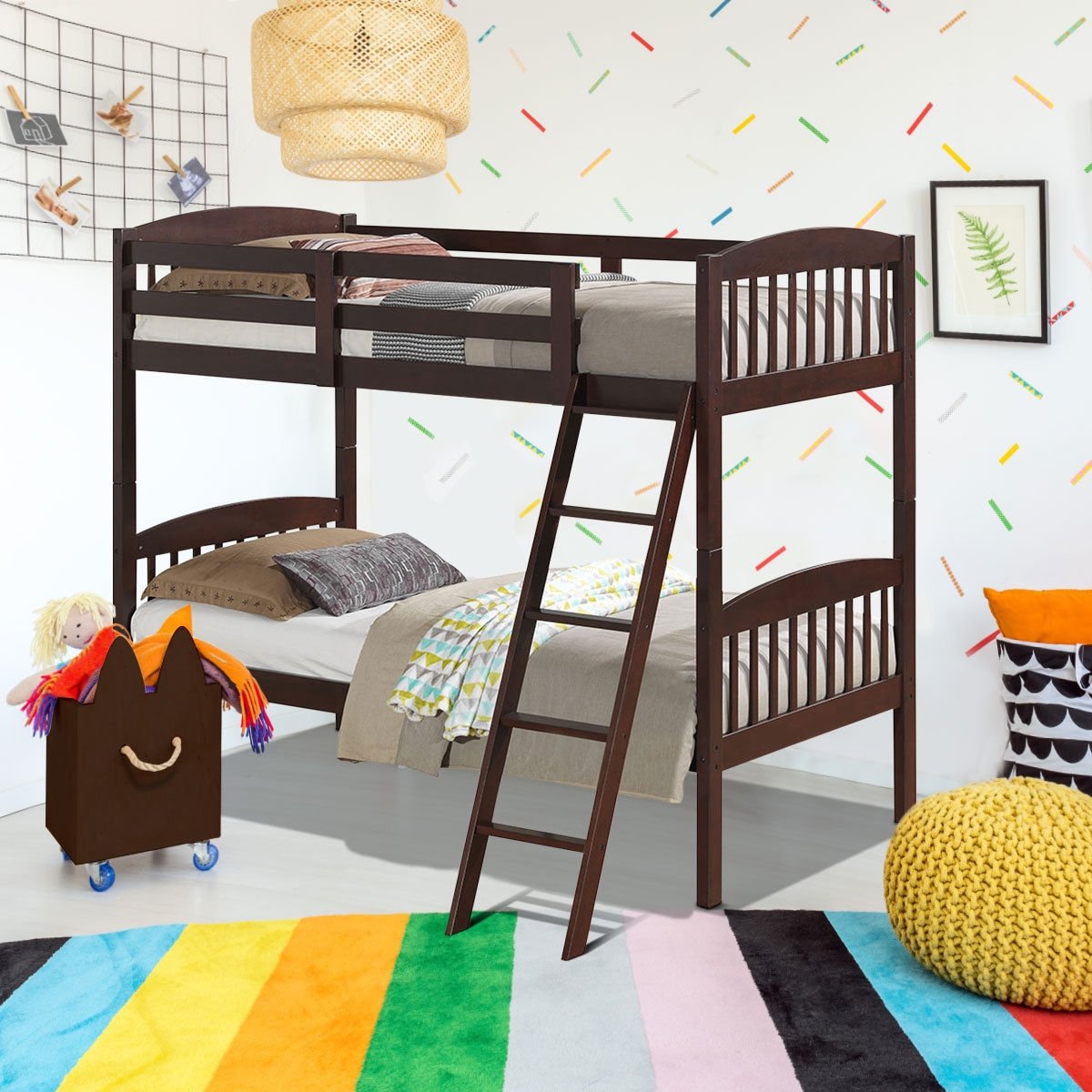 Solid Wood Twin Bunk Beds with Detachable Ladder, Brown Bunk Bed Frame   at Gallery Canada