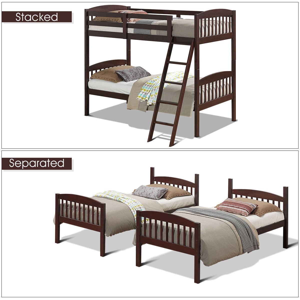 Solid Wood Twin Bunk Beds with Detachable Ladder, Brown Bunk Bed Frame   at Gallery Canada