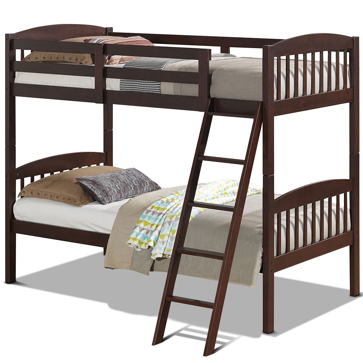 Solid Wood Twin Bunk Beds with Detachable Ladder, Brown Bunk Bed Frame   at Gallery Canada