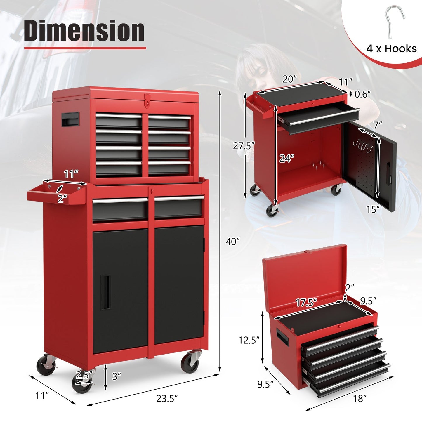 2-in-1 Tool Chest and Cabinet with 5 Sliding Drawers, Black & Red - Gallery Canada