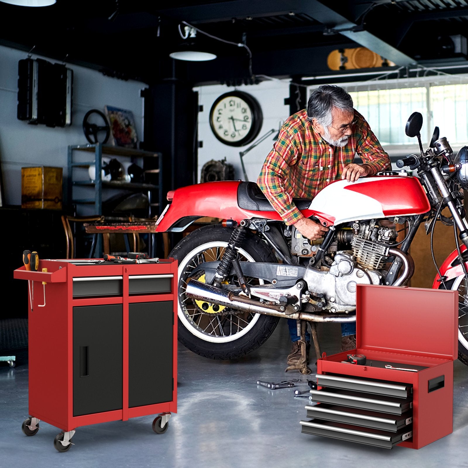 2-in-1 Tool Chest and Cabinet with 5 Sliding Drawers, Black & Red - Gallery Canada