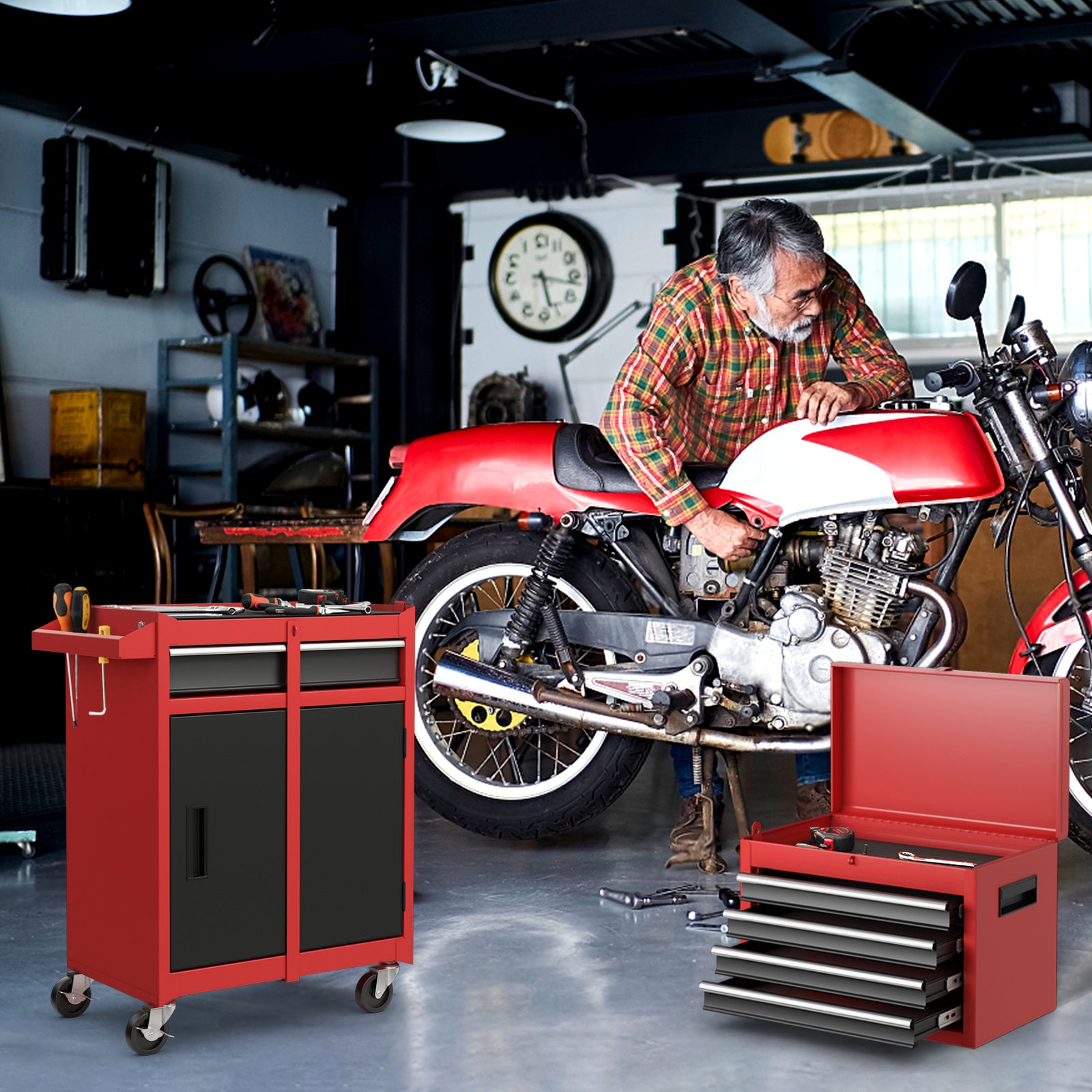 2-in-1 Tool Chest and Cabinet with 5 Sliding Drawers, Black & Red Garages at Gallery Canada
