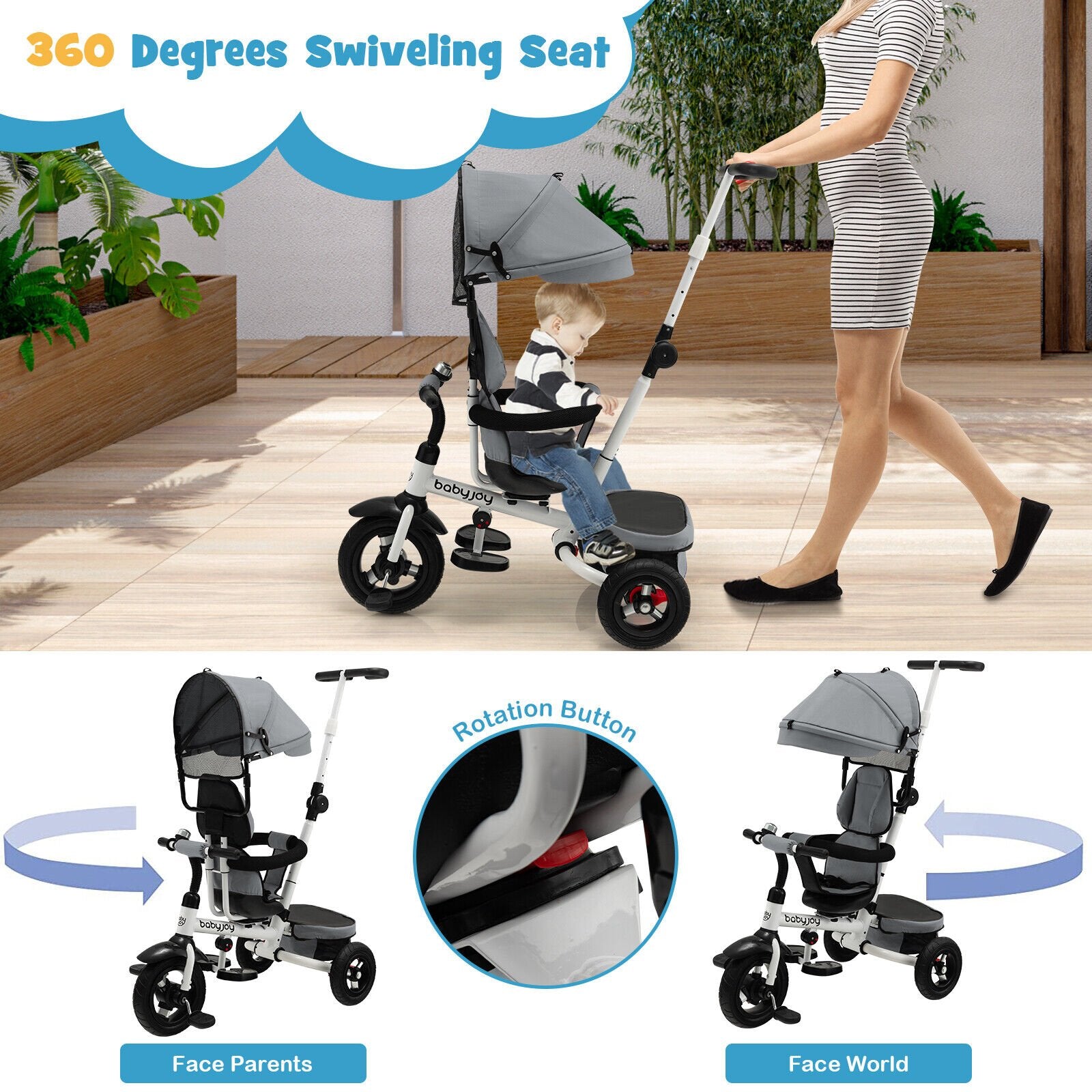 Folding Tricycle Baby Stroller with Reversible Seat and Adjustable Canopy, Gray - Gallery Canada