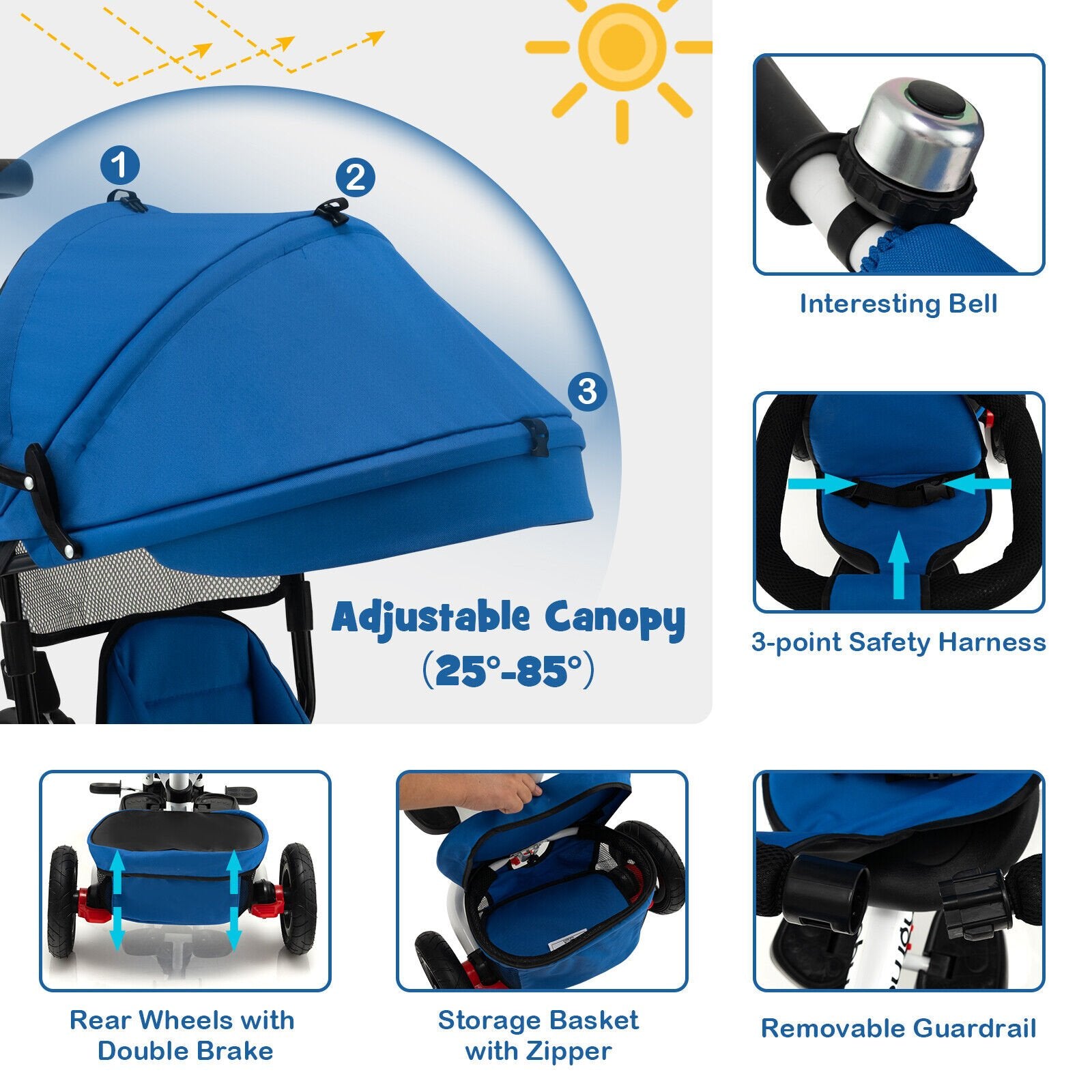 Folding Tricycle Baby Stroller with Reversible Seat and Adjustable Canopy, Blue - Gallery Canada