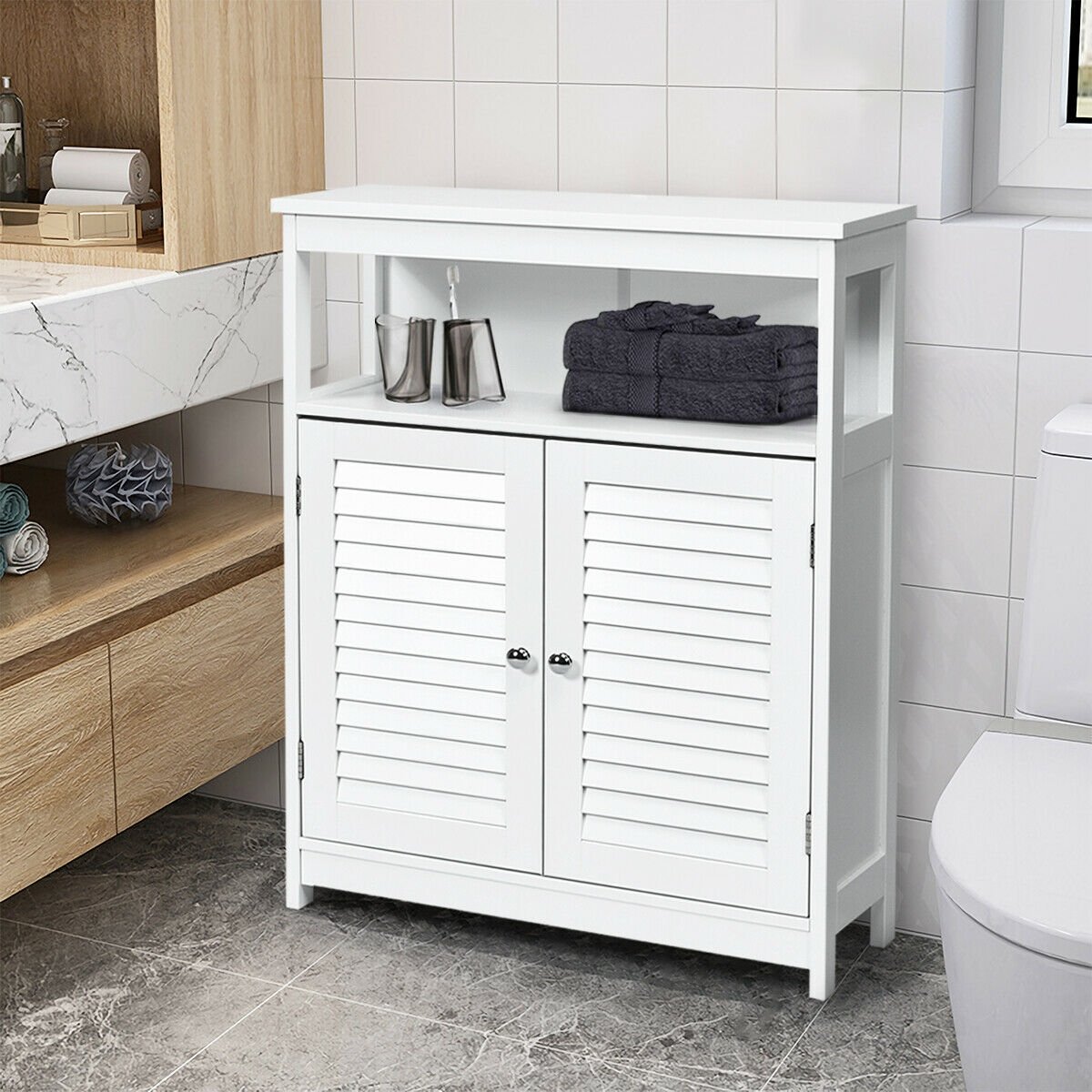 Wood Freestanding Bathroom Storage Cabinet with Double Shutter Door, White Floor Cabinets   at Gallery Canada