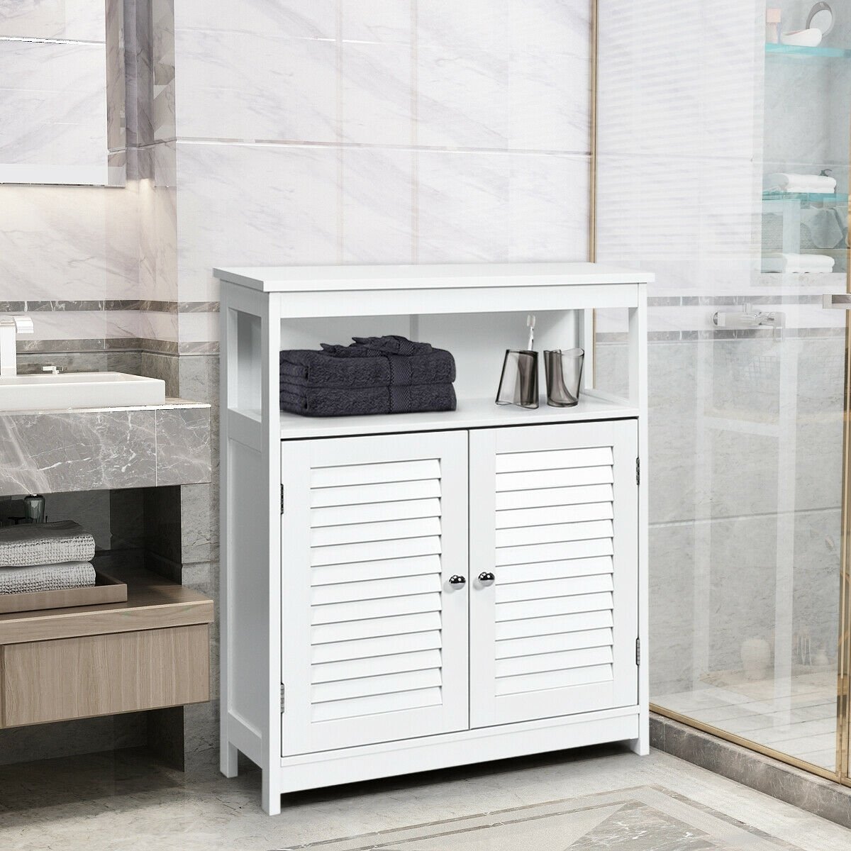 Wood Freestanding Bathroom Storage Cabinet with Double Shutter Door, White Floor Cabinets   at Gallery Canada